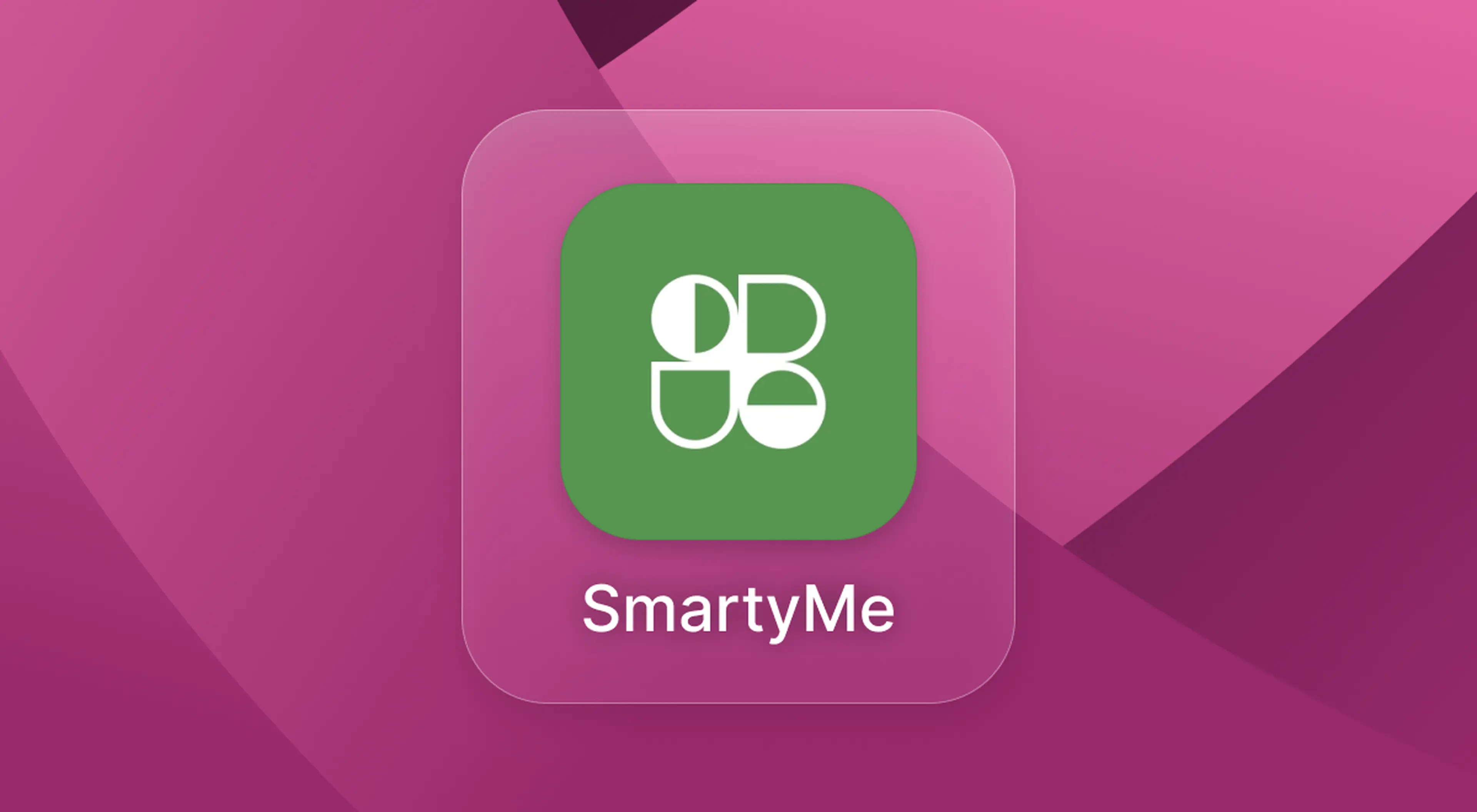 SmartyMe app icon with a green square and white geometric clover-shaped logo, set against a layered pink and magenta background