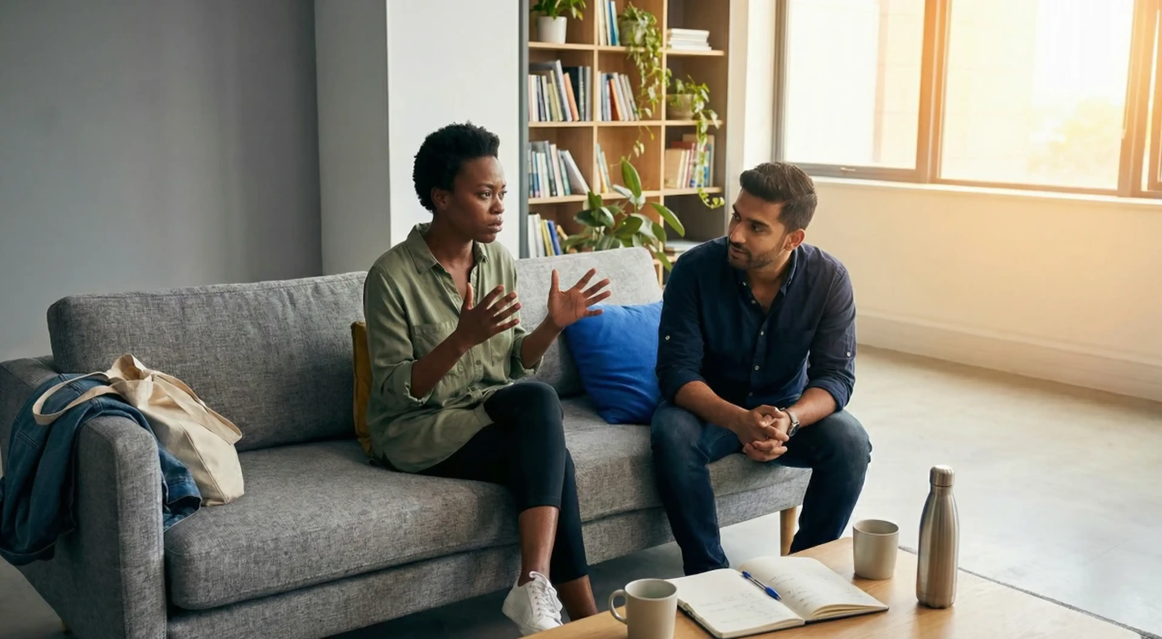 Two colleagues sitting on a gray sofa in a bright room with bookshelves, engaged in an open conversation about constructive feedback in a casual office setting