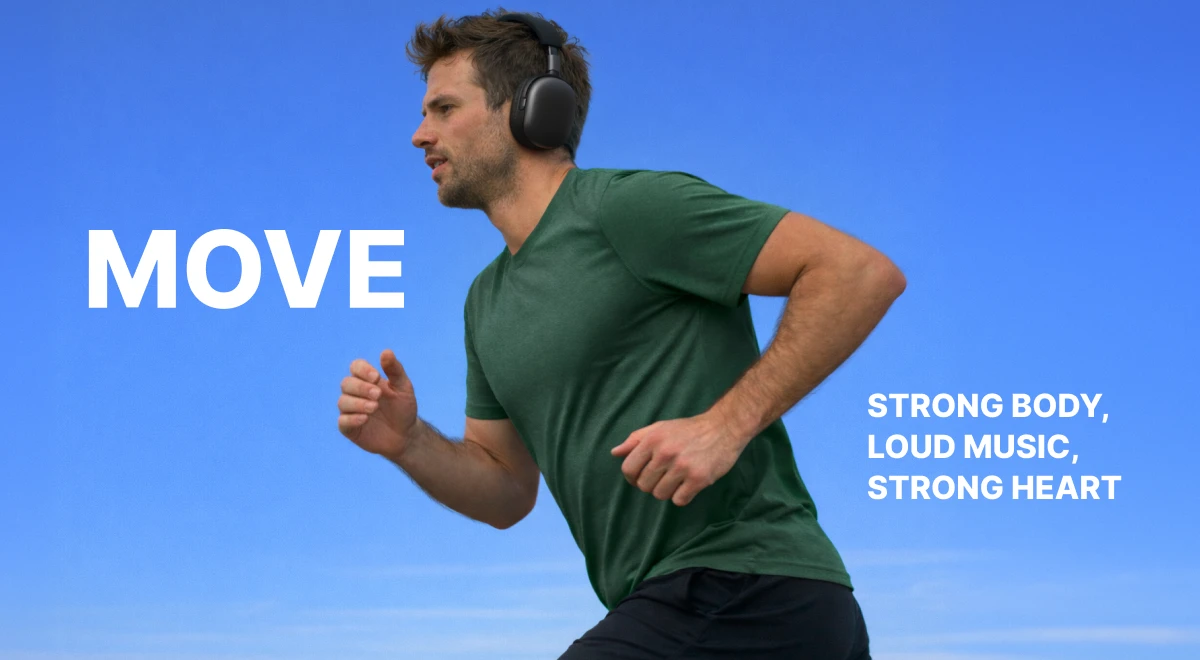 _Man in green t-shirt running with wireless headphones against a blue background, illustrating physical health and an active Ashton Hall morning routine lifestyle