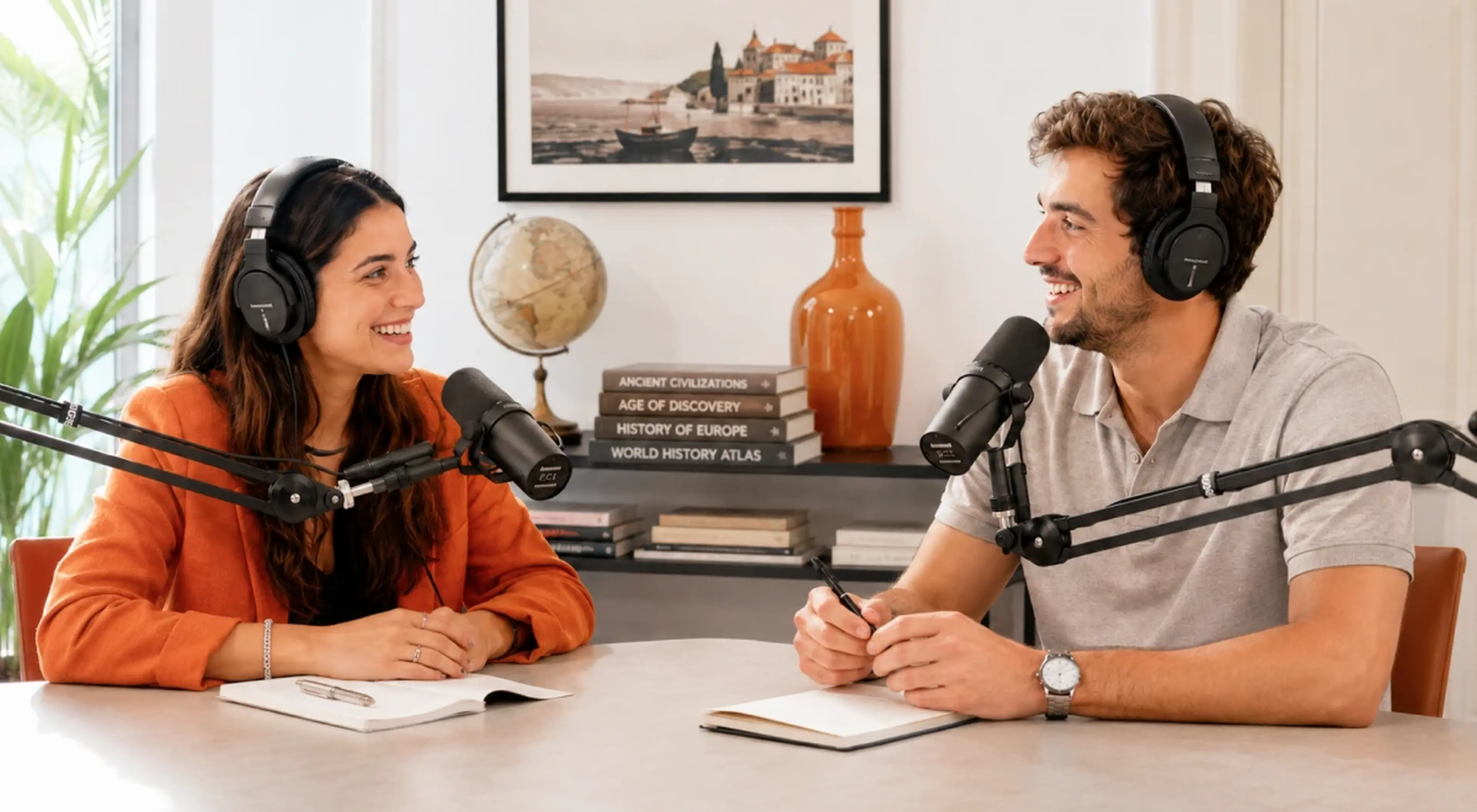 Woman in orange jacket is talking to a man in gray tshirt in a studio illustrating best history podcasts