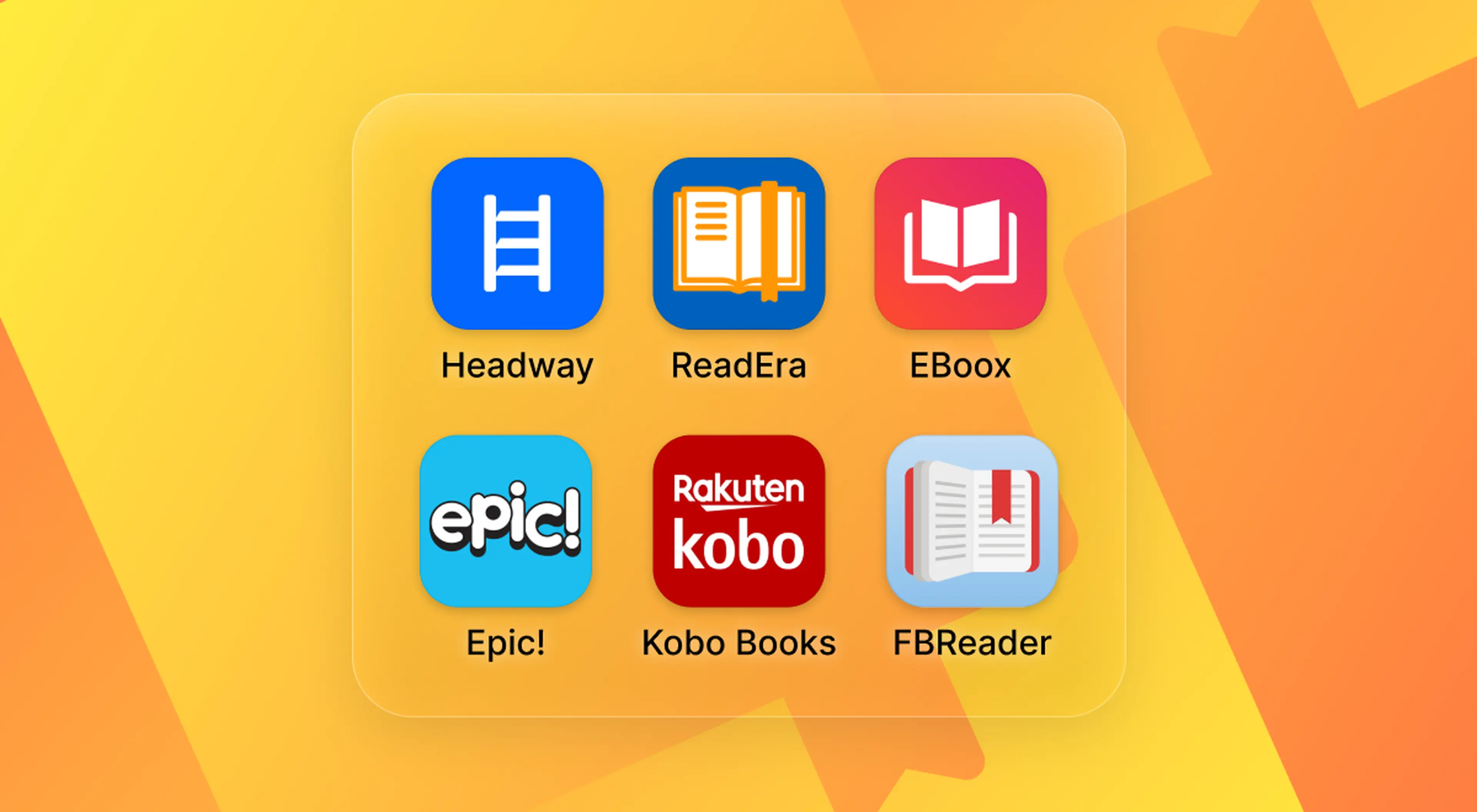 Icons of six book reading apps for iPhone and Android including Headway, ReadEra, EBoox, Epic!, Rakuten Kobo Books, and FBReader on a bright orange and yellow background