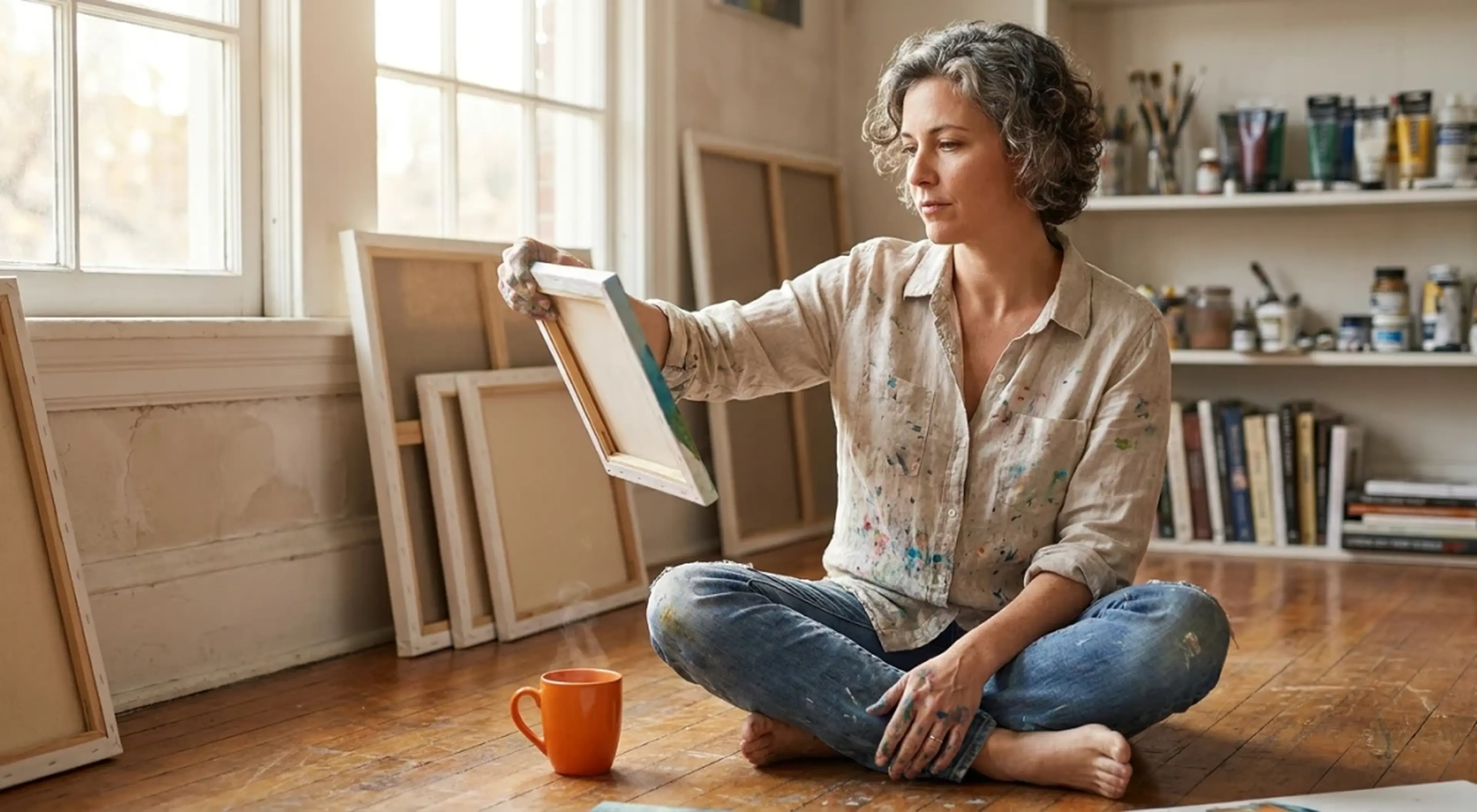 Woman with grey-streaked hair and paint-stained fingers sits on a studio floor studying a small canvas at arm's length, surrounded by unfinished artwork and a tangerine mug in soft morning light