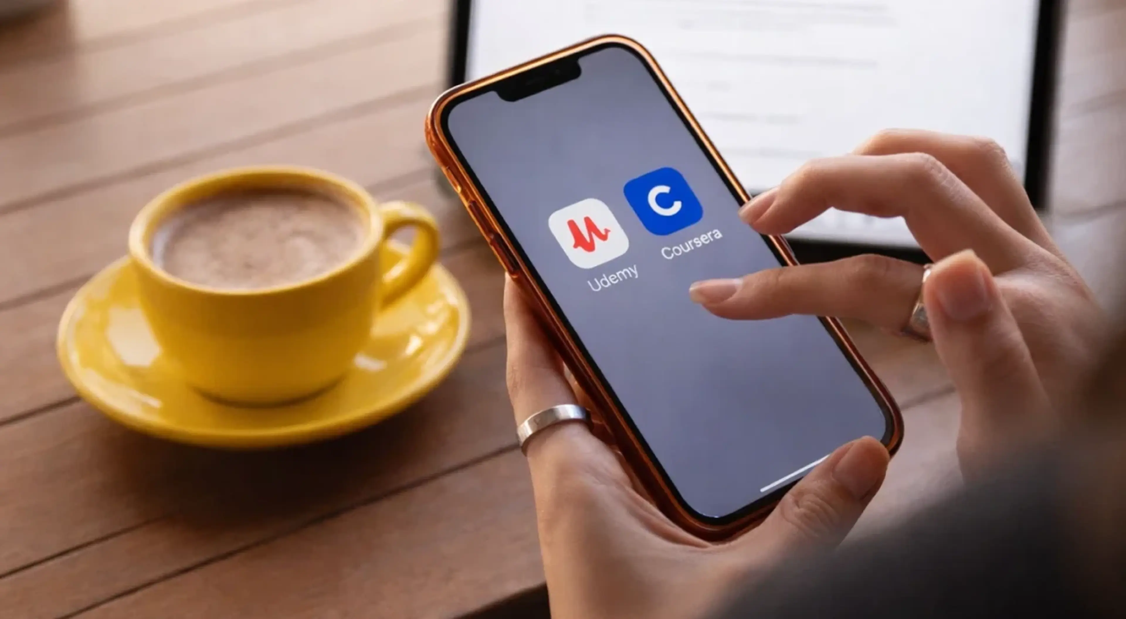 Hands holding a smartphone displaying Udemy and Coursera app icons, with a yellow coffee cup on a wooden table in the background