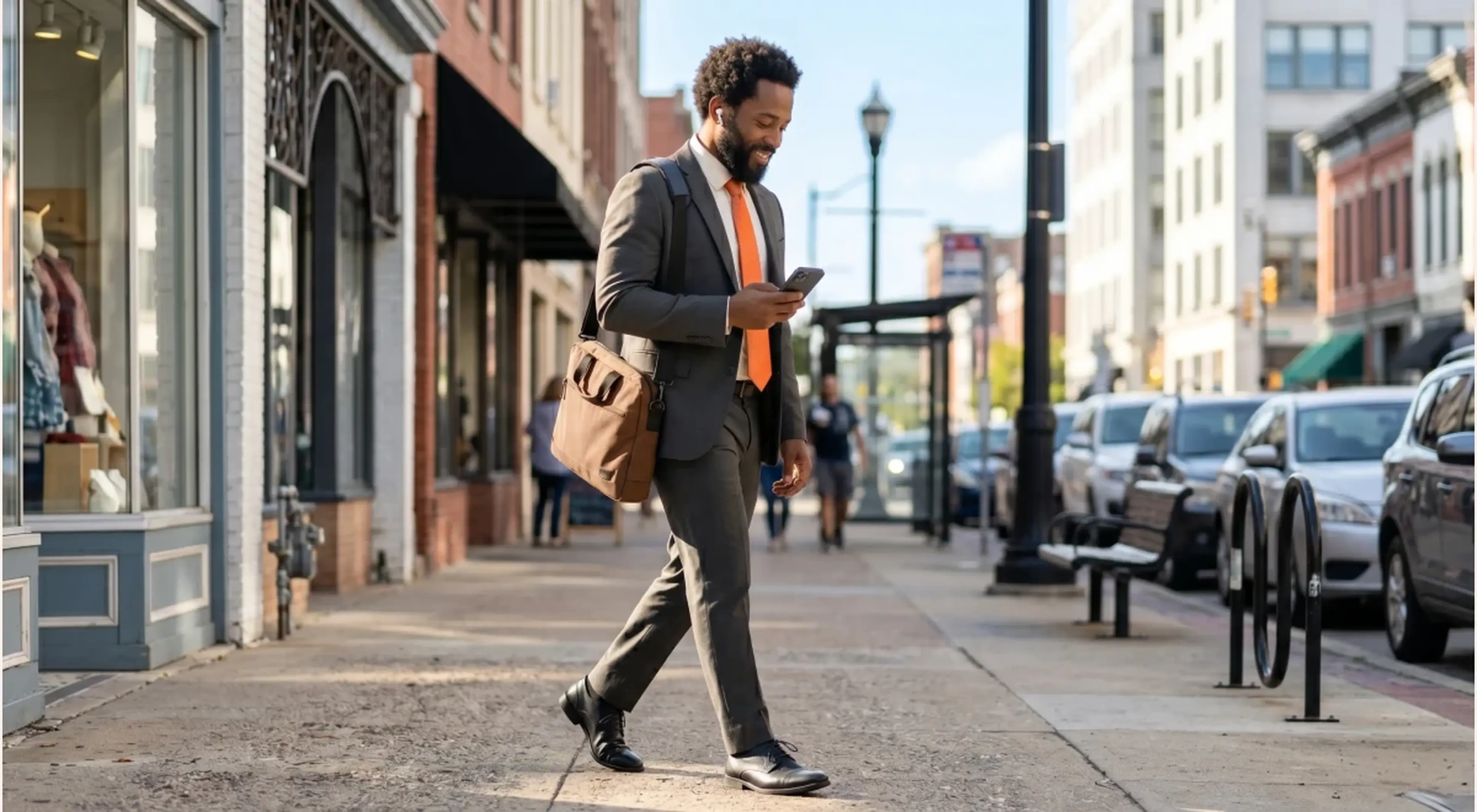 Black businessman in gray suit and orange tie walking on city sidewalk while using smartphone, carrying brown leather bag, business podcast