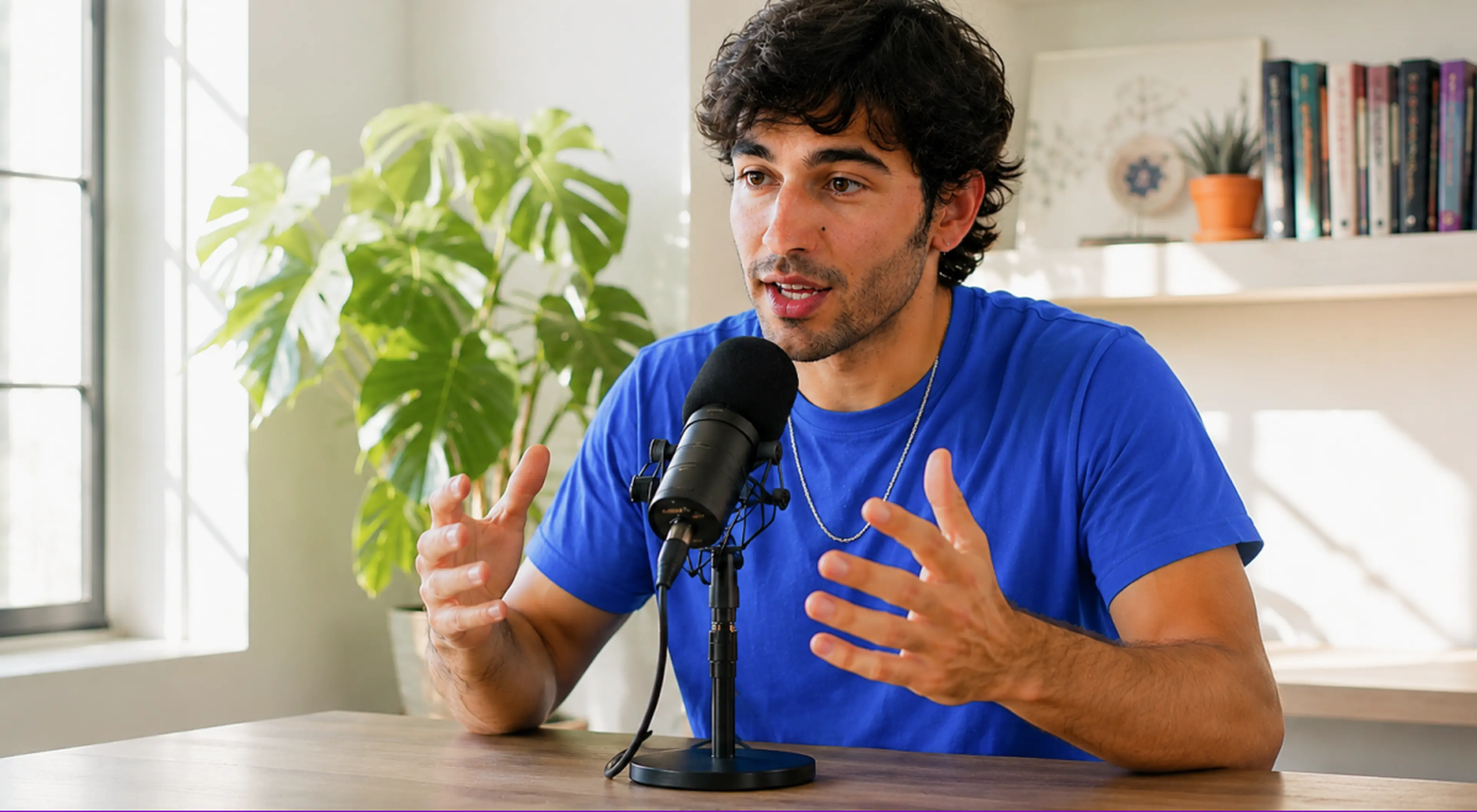 Man in a blue shirt speaking into a microphone while recording one of the best educational podcasts at home, gesturing with his hands beside a green plant and bookshelf