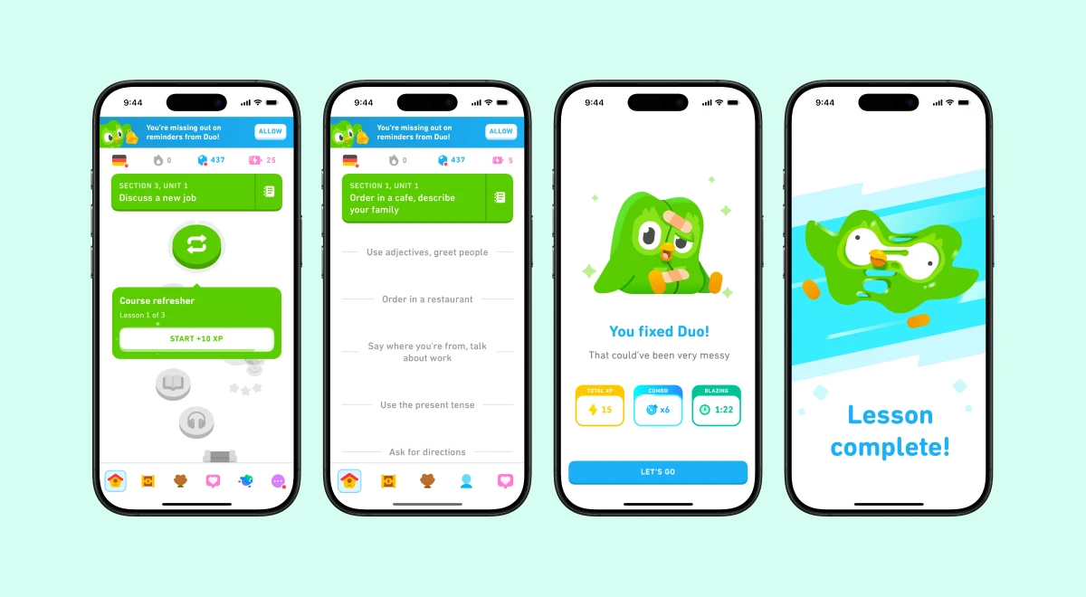 Four Duolingo app screenshots on light blue background showing lesson interface, exercise list, mascot reward screen, and lesson complete screen, demonstrating Duolingo effectiveness