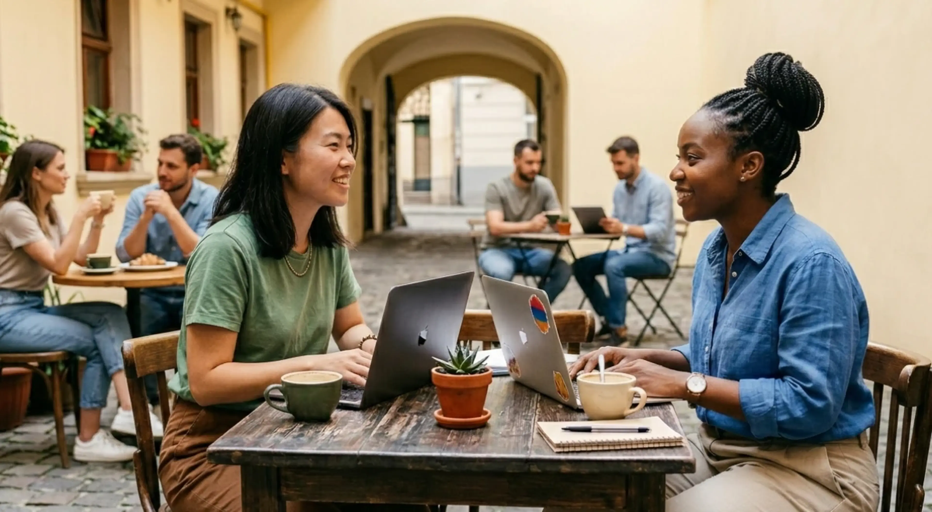 Two women talking and smiling at an outdoor café table with laptops and coffee, other people socializing in a sunny courtyard background