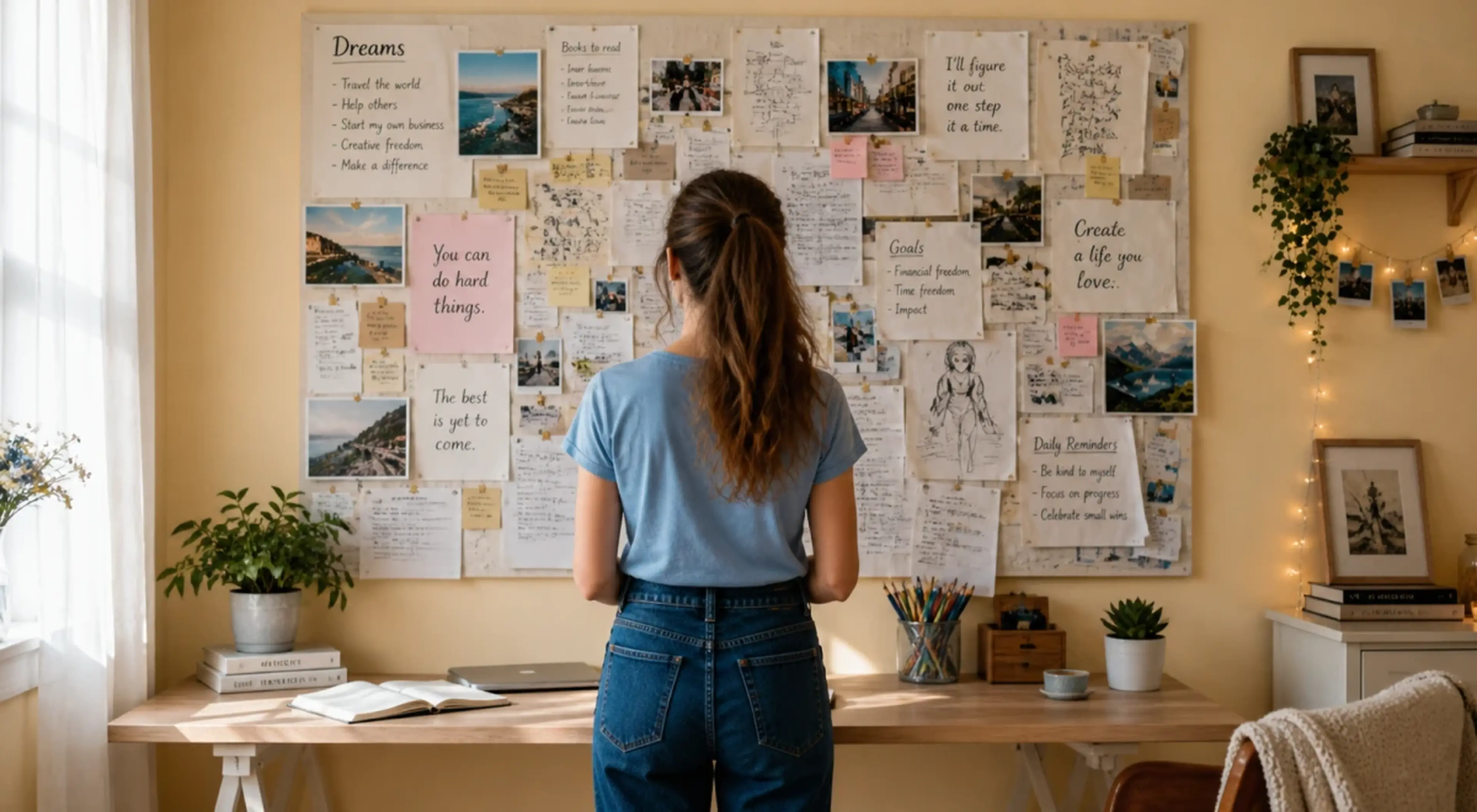Young woman standing with her back to the camera looking at a large vision board covered with goals, dreams, motivational quotes, and photos on a yellow wall in a cozy room