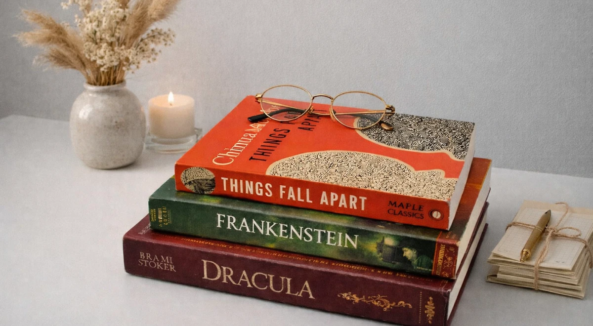 Stack of classic novels must-reads — Things Fall Apart, Frankenstein, and Dracula — with reading glasses on top, a candle, dried flowers, and envelopes on a white surface