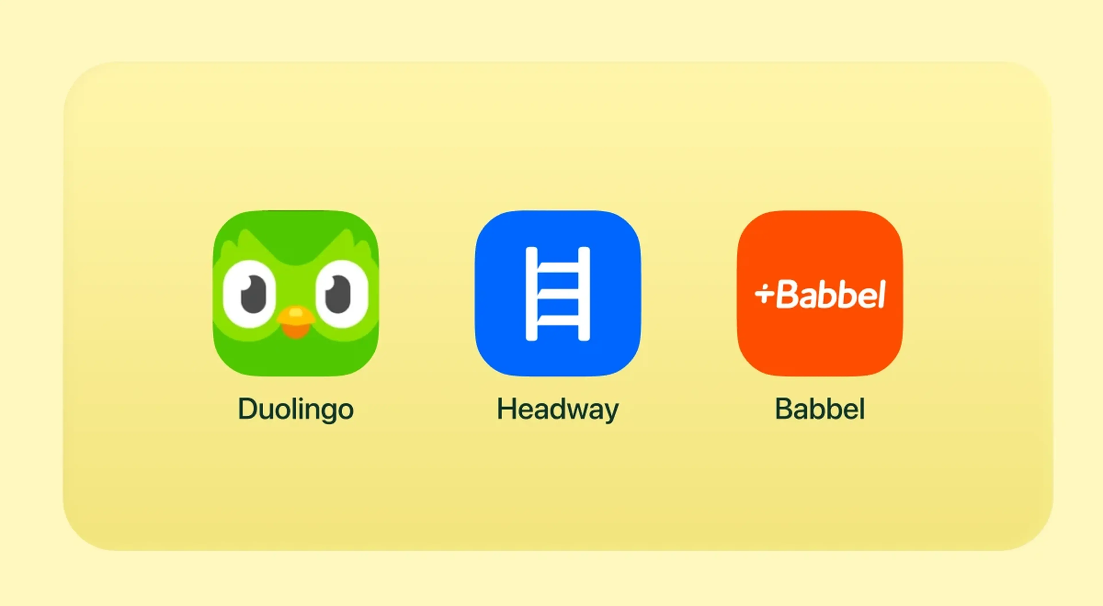 Three app icons on a pale yellow background featuring Duolingo, Headway, and Babbel as alternative language app recommendations alongside Memrise