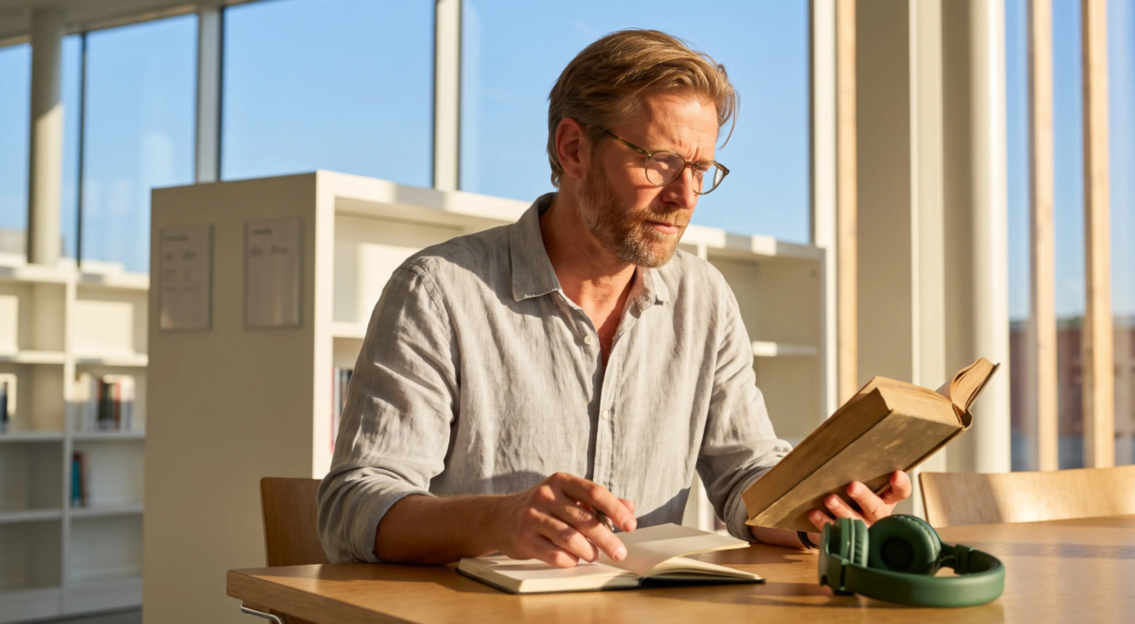 Man with glasses and gray linen shirt reading an old book at a sunlit wooden table with a notebook and green headphones, seated by large windows and white bookshelves in a bright library