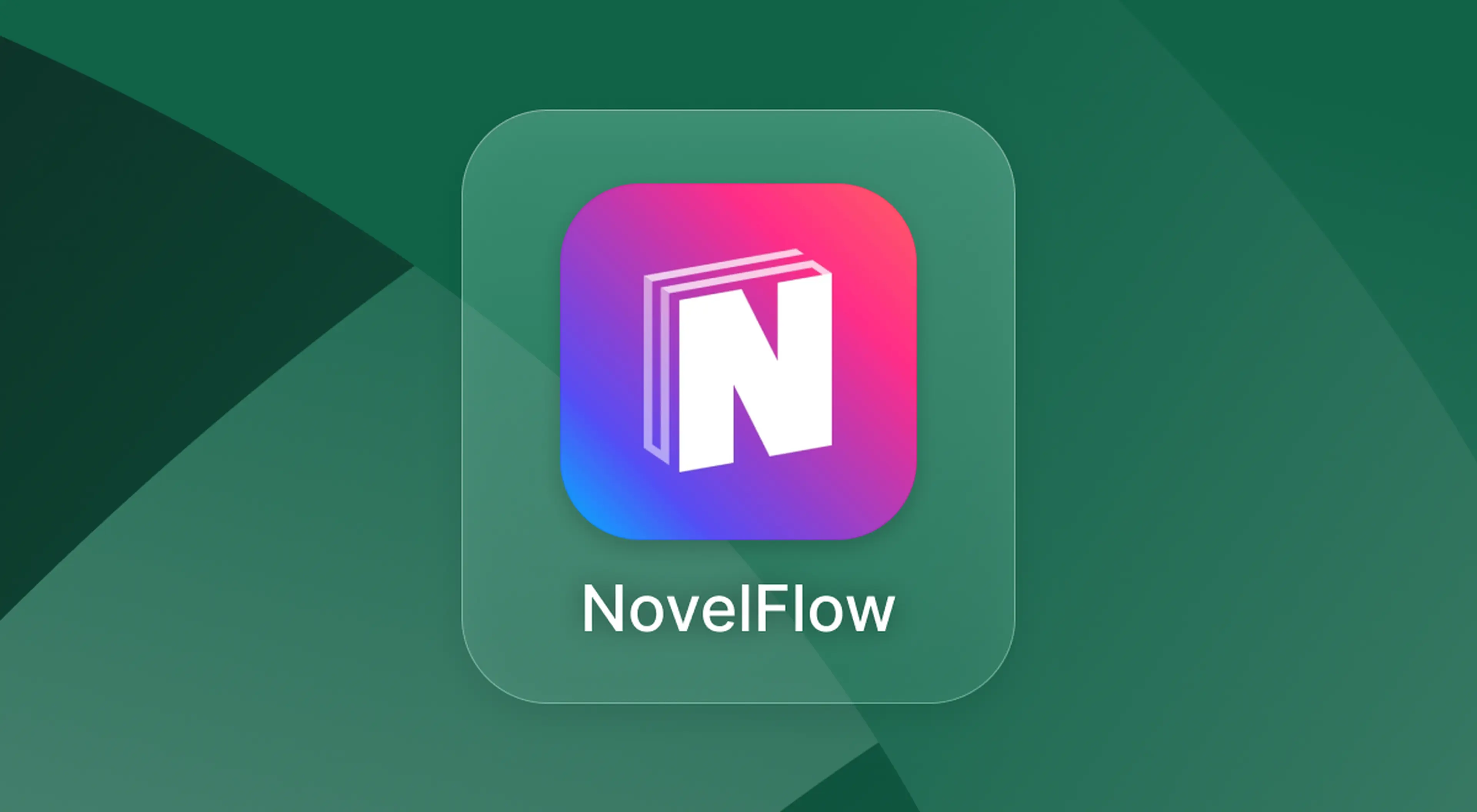 NovelFlow app review featuring its colorful pink, purple, and blue book-shaped logo icon on a green geometric background