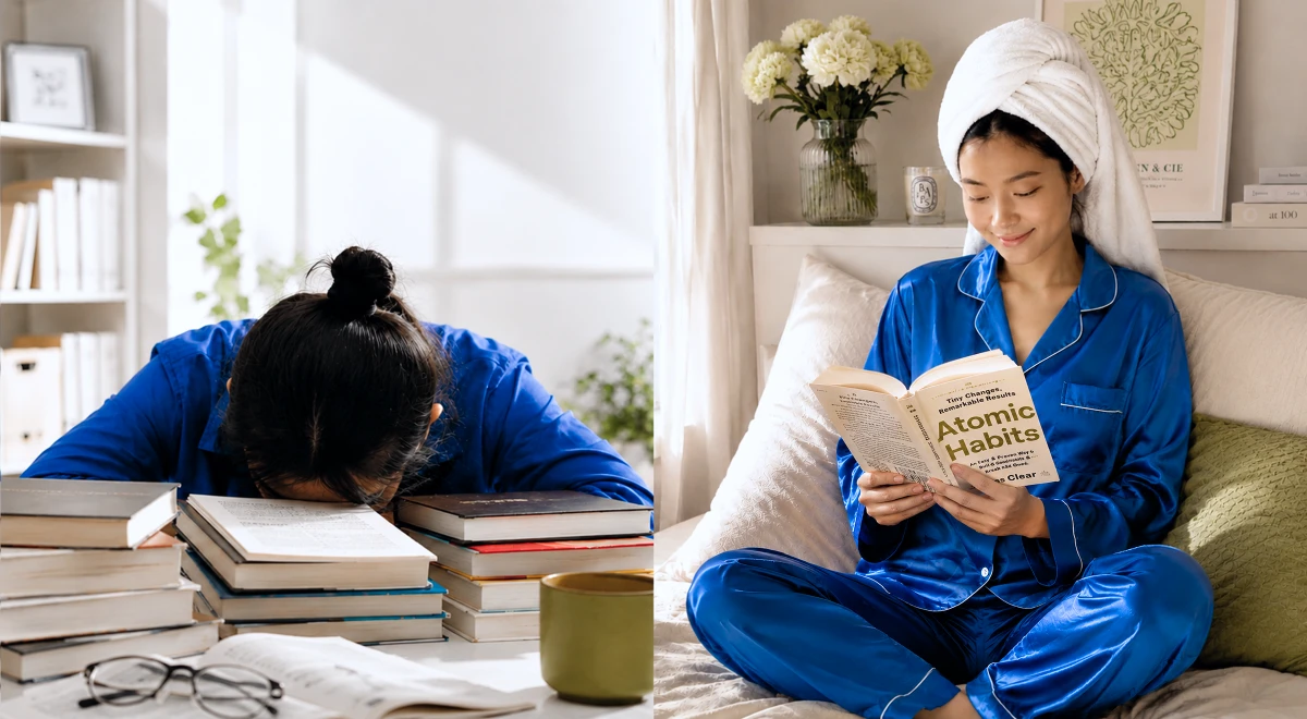 Two-photo collage showing a tired woman slumped over books on the left, and a relaxed woman in blue pajamas with a towel on her head reading a book on the right, contrasting traditional study with cas