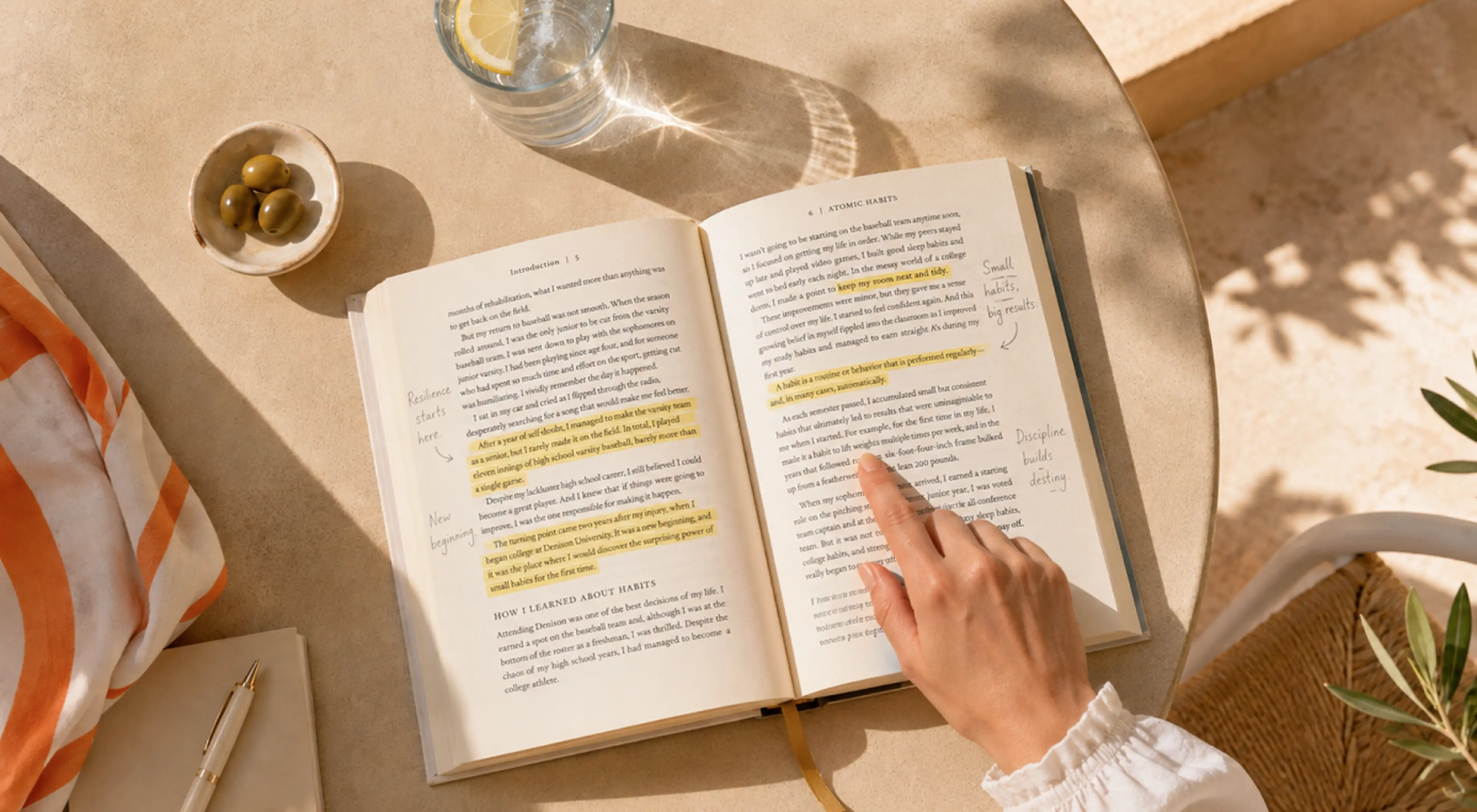Hand pointing to highlighted passages with margin notes in the book Atomic Habits, demonstrating reading comprehension strategies beside a bowl of olives and a glass of lemon water on a sunlit table