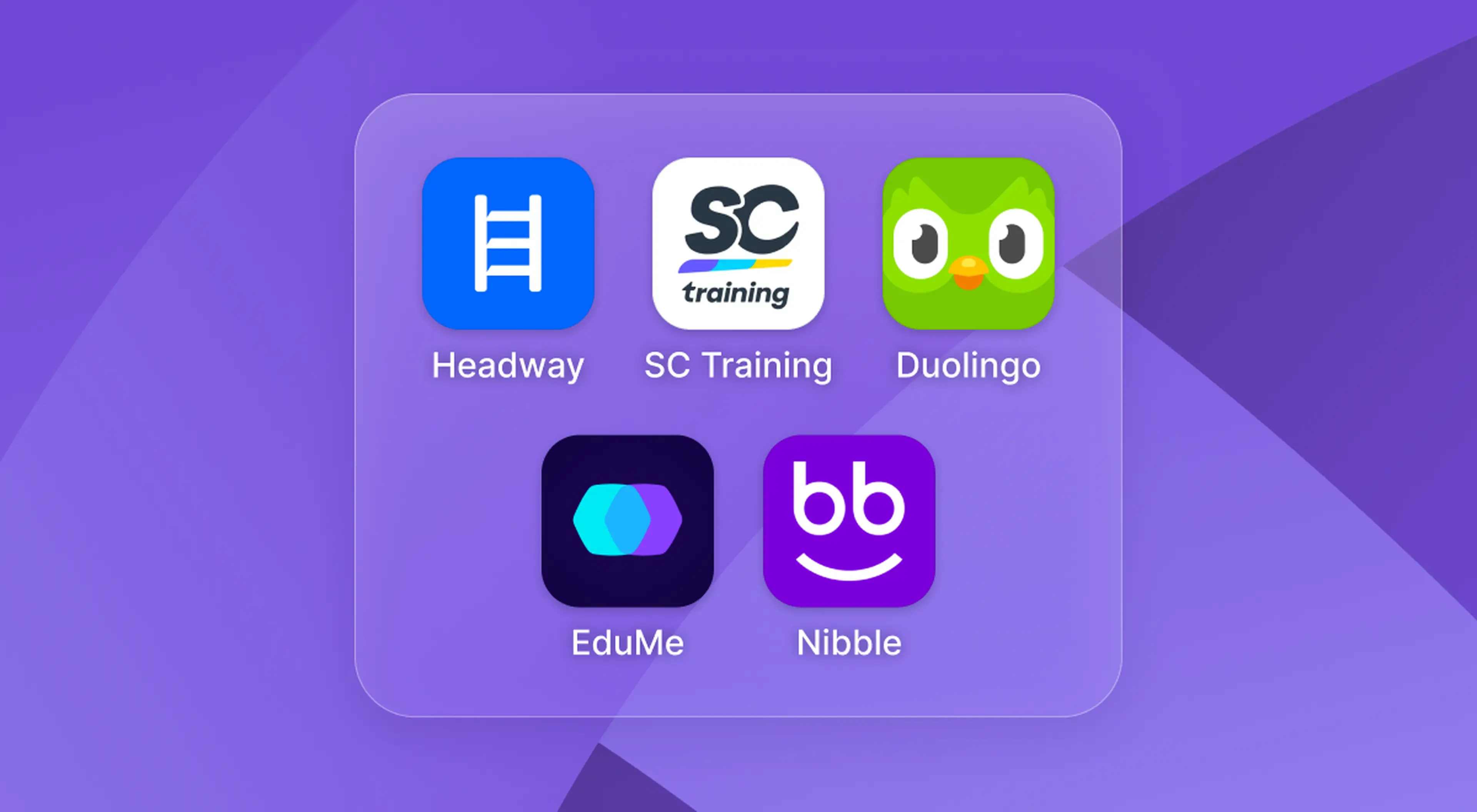 Free microlearning apps displayed as icons on a purple background, including Headway, SC Training, Duolingo, EduMe, and Nibble for mobile learning on the go