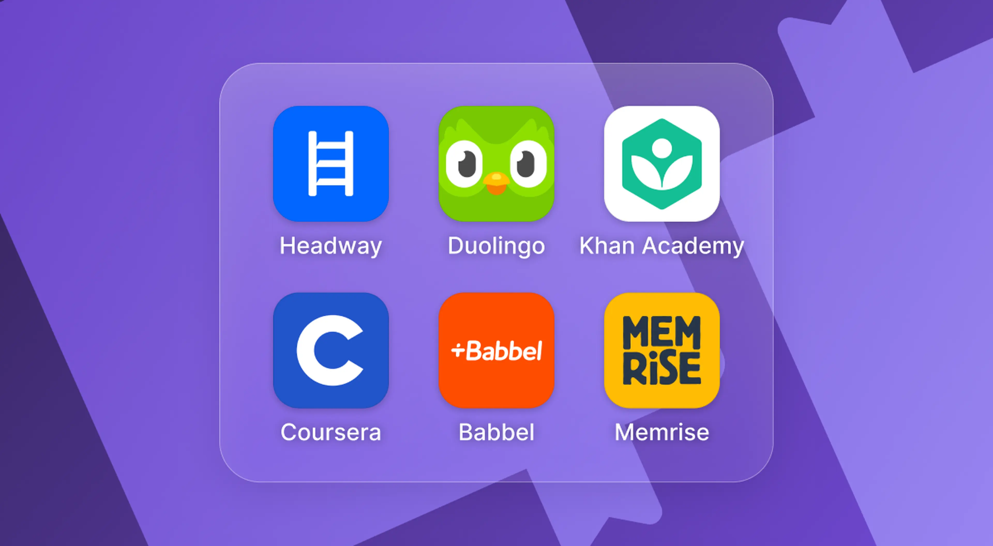 App icons for popular educational apps including Headway, Duolingo, Khan Academy, Coursera, Babbel, and Memrise displayed on a purple background