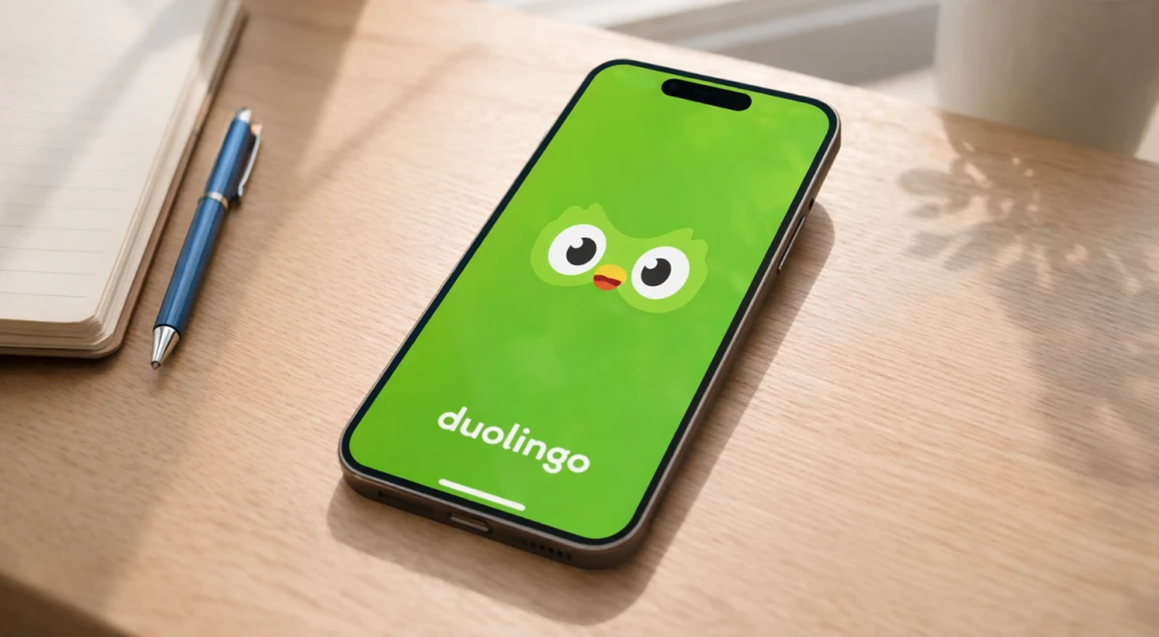 Smartphone on a wooden desk displaying the Duolingo app with green screen and owl mascot, notebook and blue pen beside it, language app review