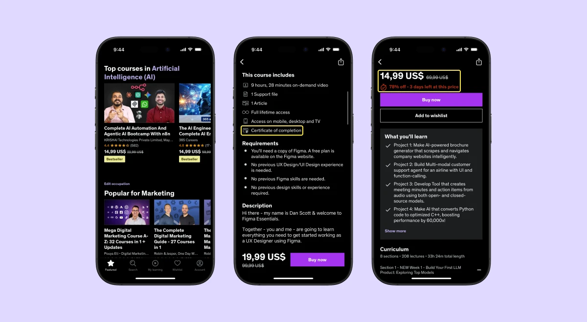 Three smartphones displaying Udemy app screens with online learning course listings, course details, and pricing on a light blue background