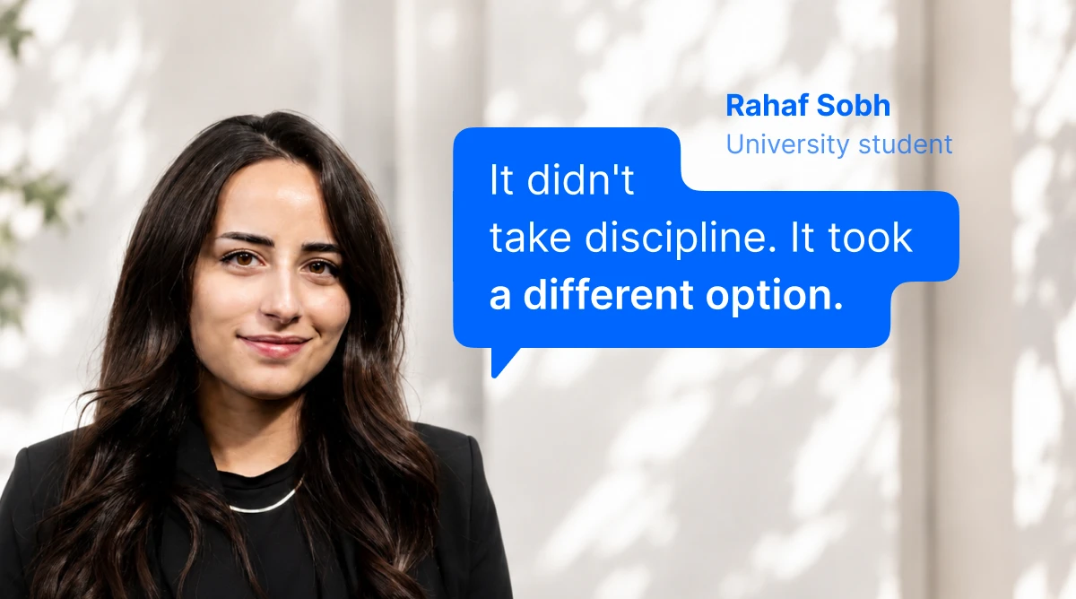 Young dark-haired woman smiling against a bright background with a blue testimonial quote bubble from university student Rahaf Sobh about choosing a different option over discipline