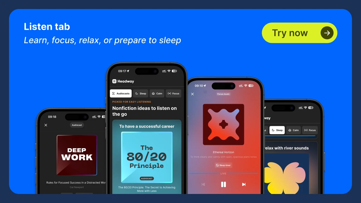 Headway app Listen tab promo on bright blue background with multiple iPhone outline silhouettes and a yellow Try now button for learning, focusing, and relaxing