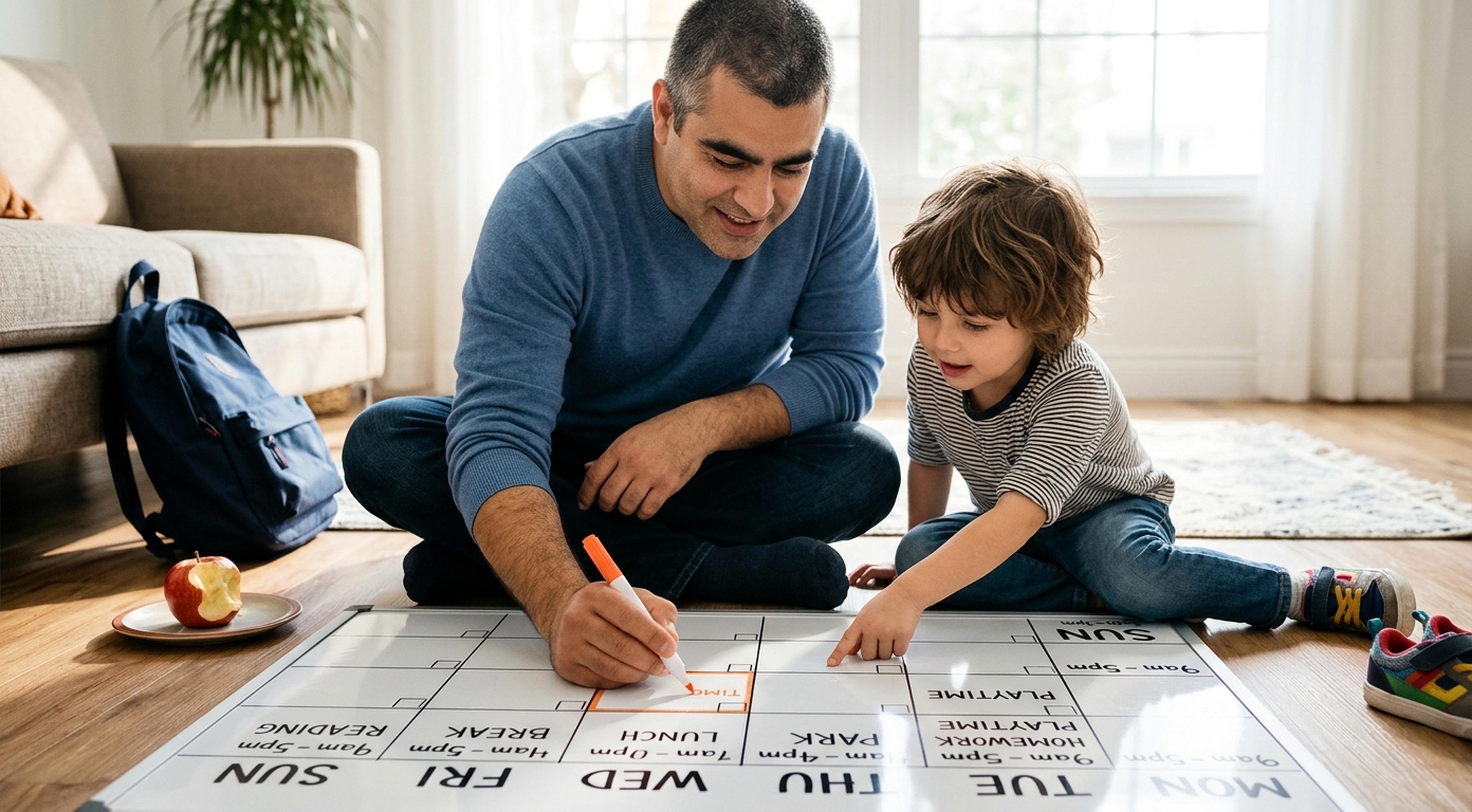 Father and child sitting on living room floor creating a weekly study schedule on a whiteboard calendar, pointing at time blocks labeled Mon, Tue, Reading and Break in warm afternoon light