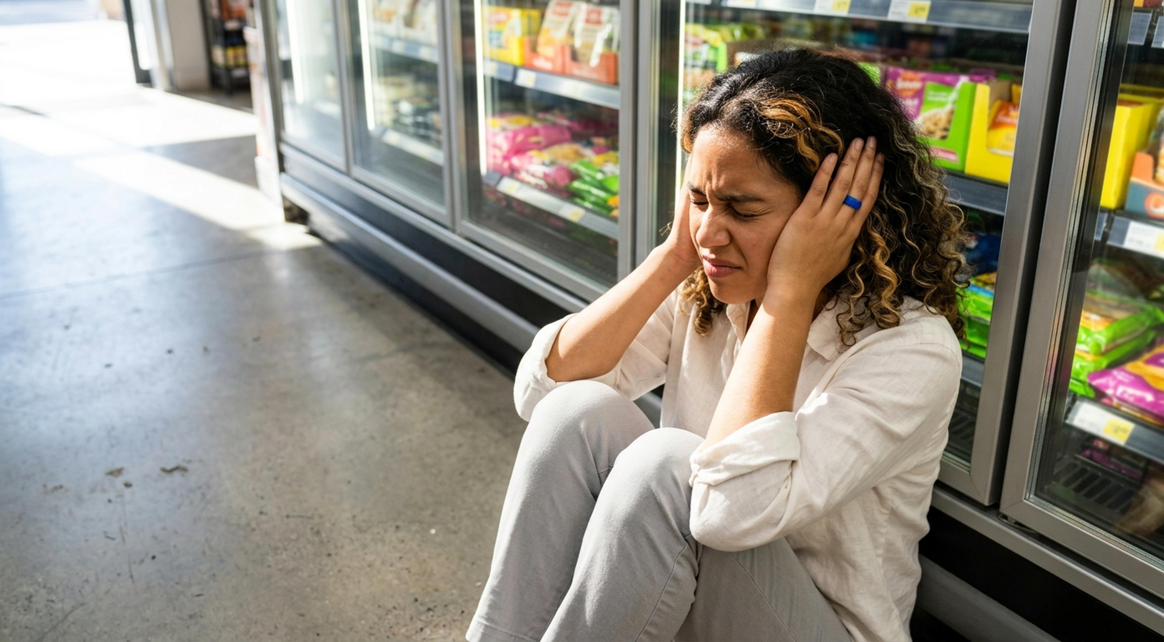Mixed-race woman in off-white linen sitting on grocery store floor, hands pressed over ears, eyes shut, cobalt-blue ring visible, overwhelmed by sensory overload under harsh fluorescent lighting