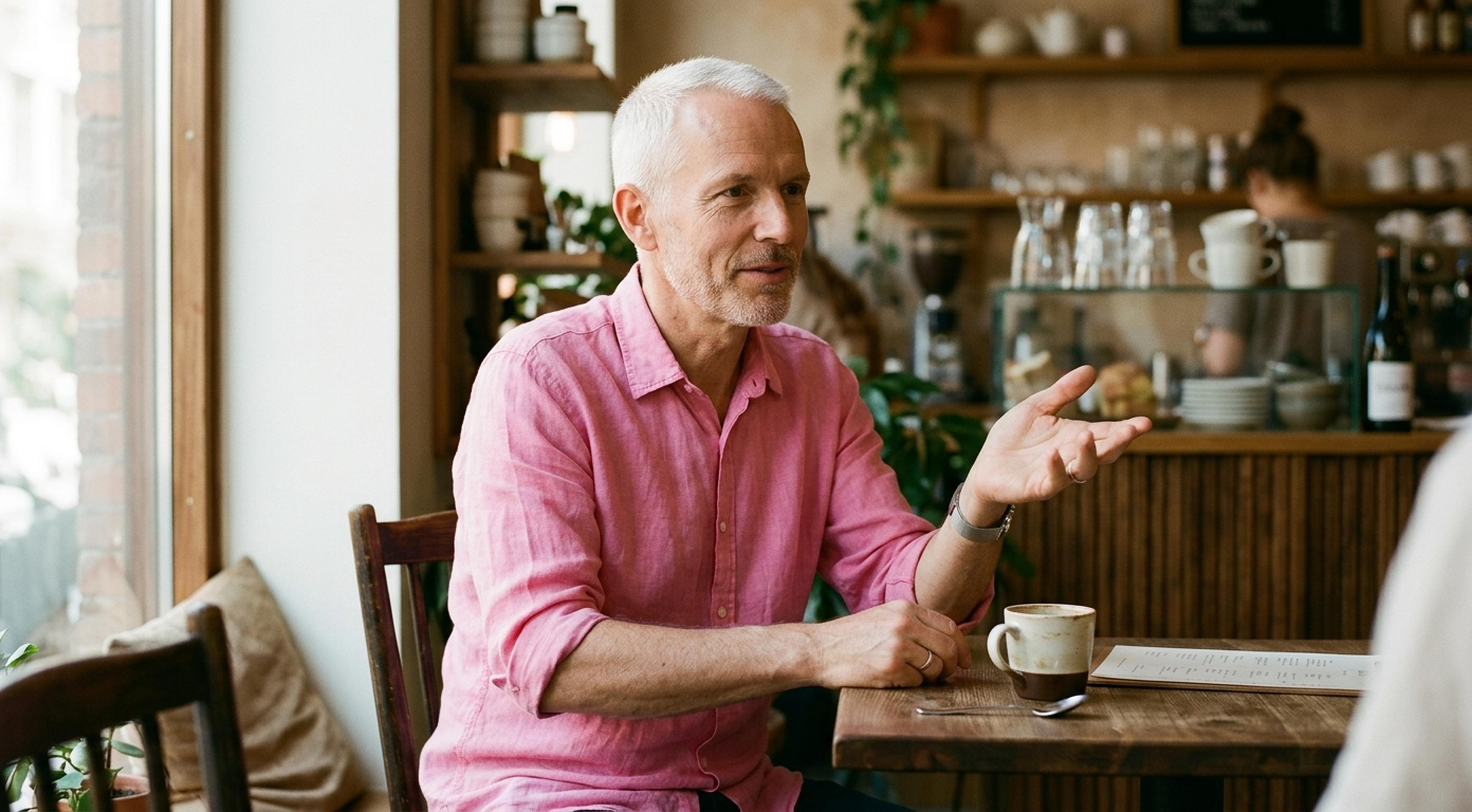Silver-haired man in pink linen shirt leaning forward at a café table with a warm yet firm expression, gesturing thoughtfully — embodying being nice with quiet confidence in a cozy wooden café