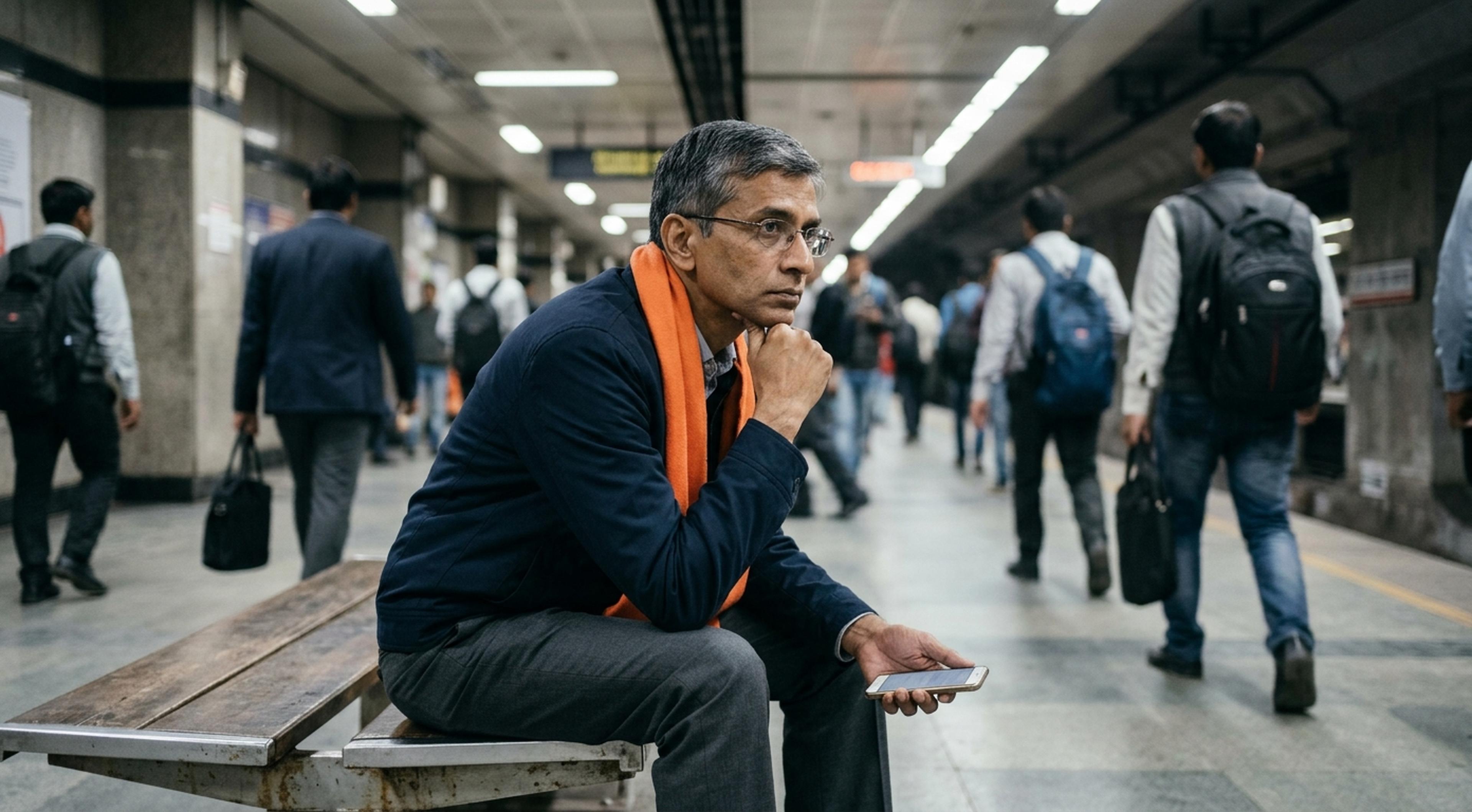 South Asian man in his 50s sitting alone on a subway bench, lost in thought like an overthinker, wearing a tangerine scarf, as blurred commuters rush past in a grey metro station