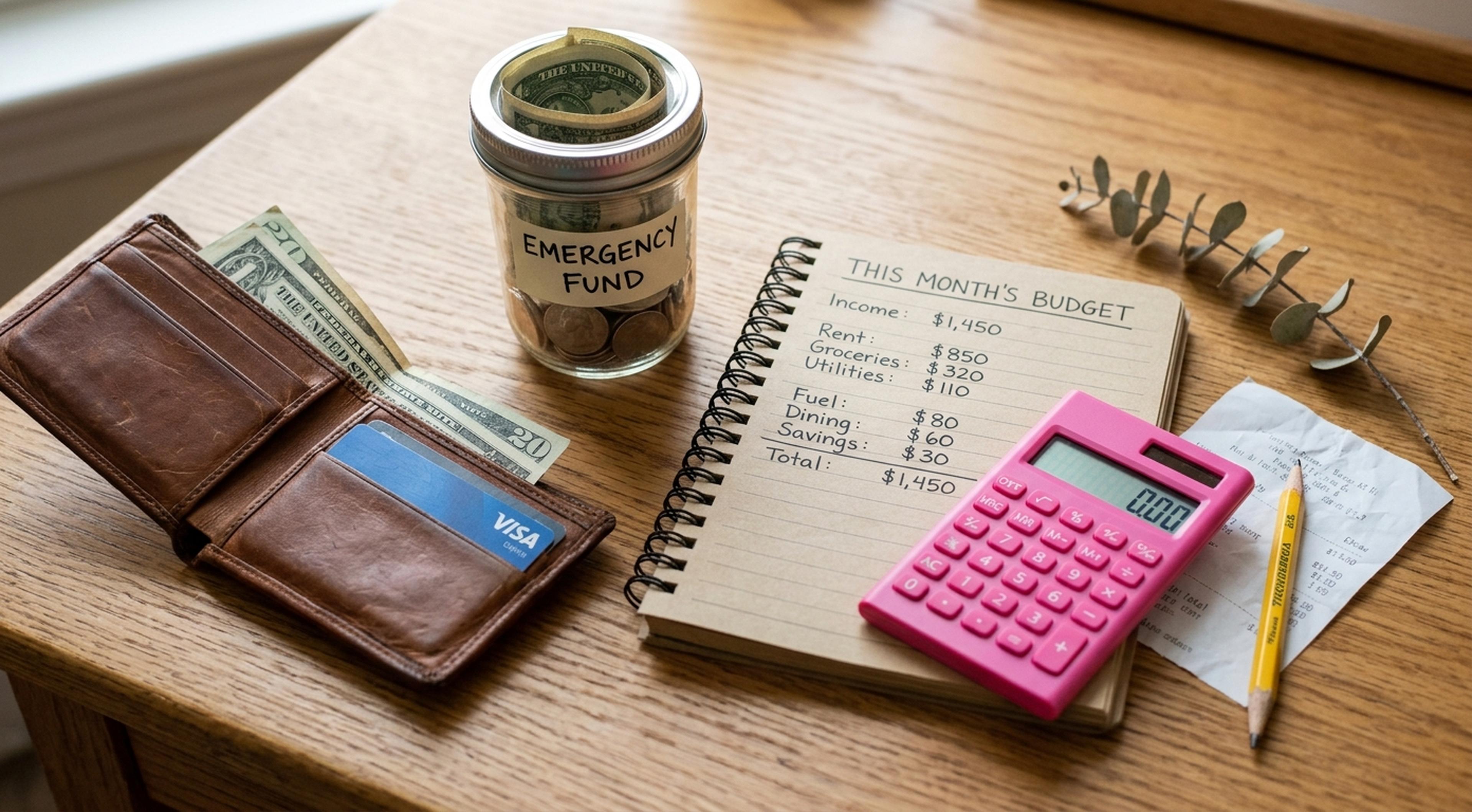 Worn leather wallet, emergency fund jar with cash, and pink calculator on a monthly budget notebook spread across a warm oak desk — flat-lay for paycheck to paycheck budgeting tips