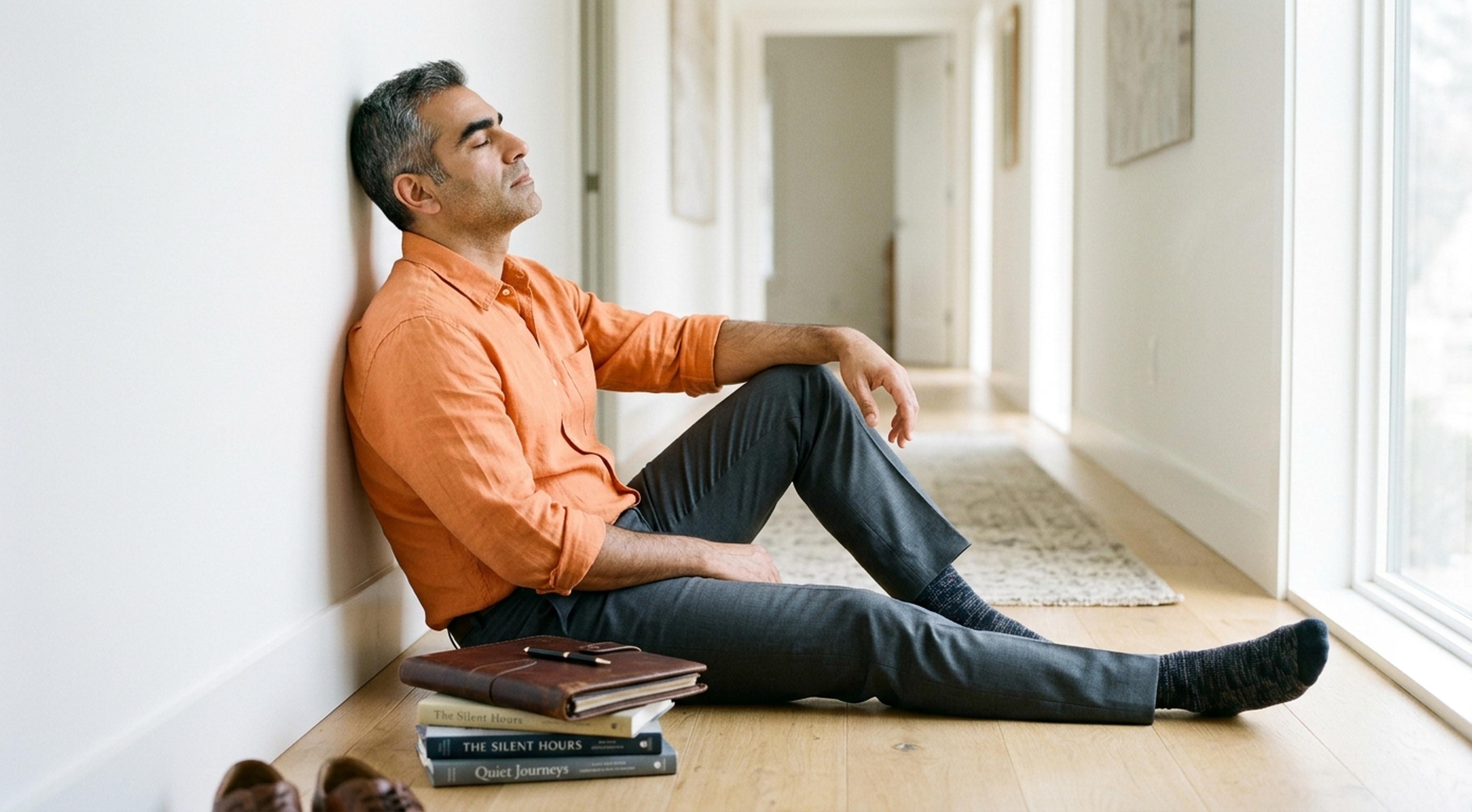 Man in his early 40s with salt-and-pepper hair sitting on a hallway floor, eyes closed, leaning against wall in a tangerine shirt with books and leather portfolio beside him