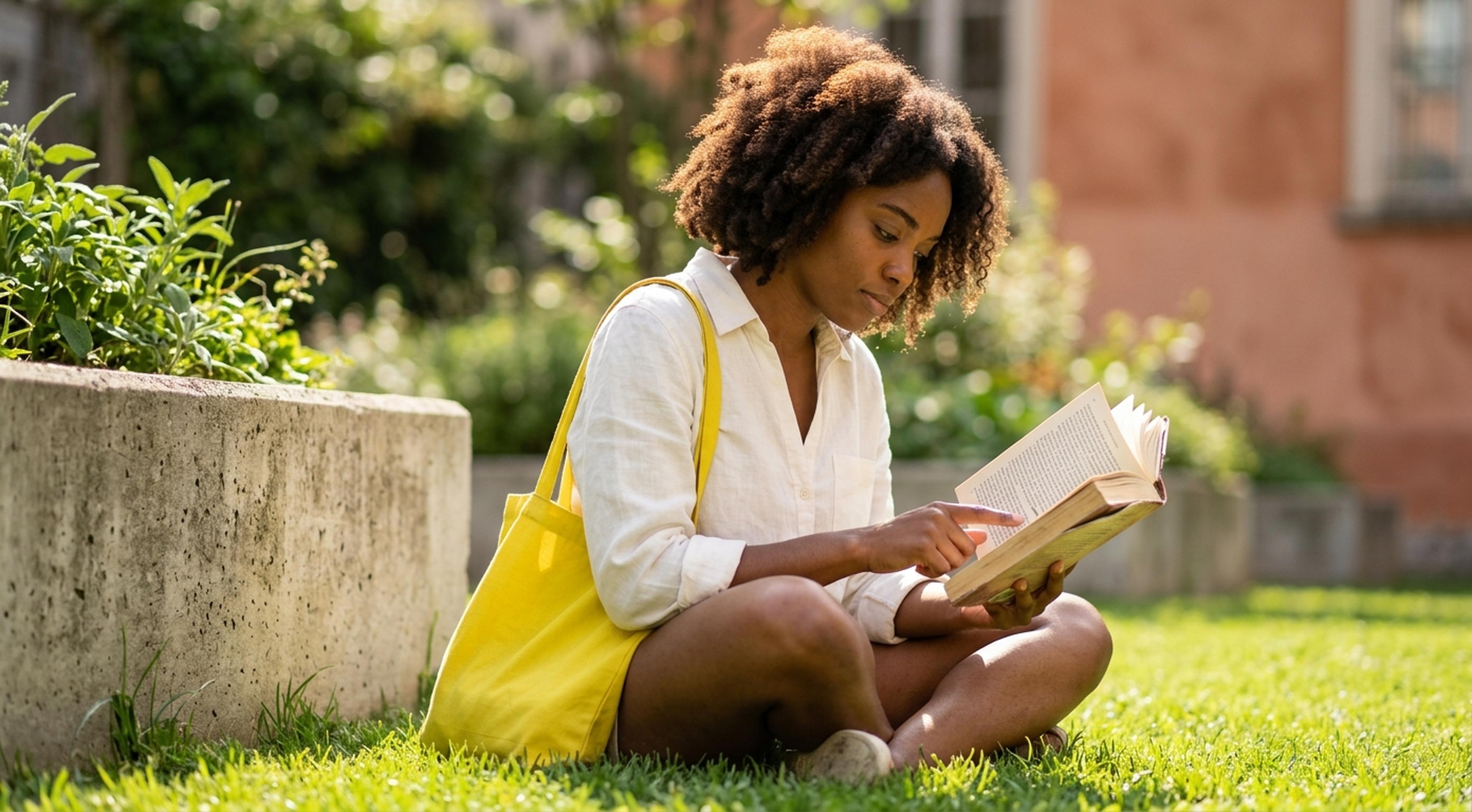 Black British woman with natural hair sits cross-legged on urban grass, absorbed in a paperback book, warm sunlight catching her hair, exploring the benefits of reading in calm focus