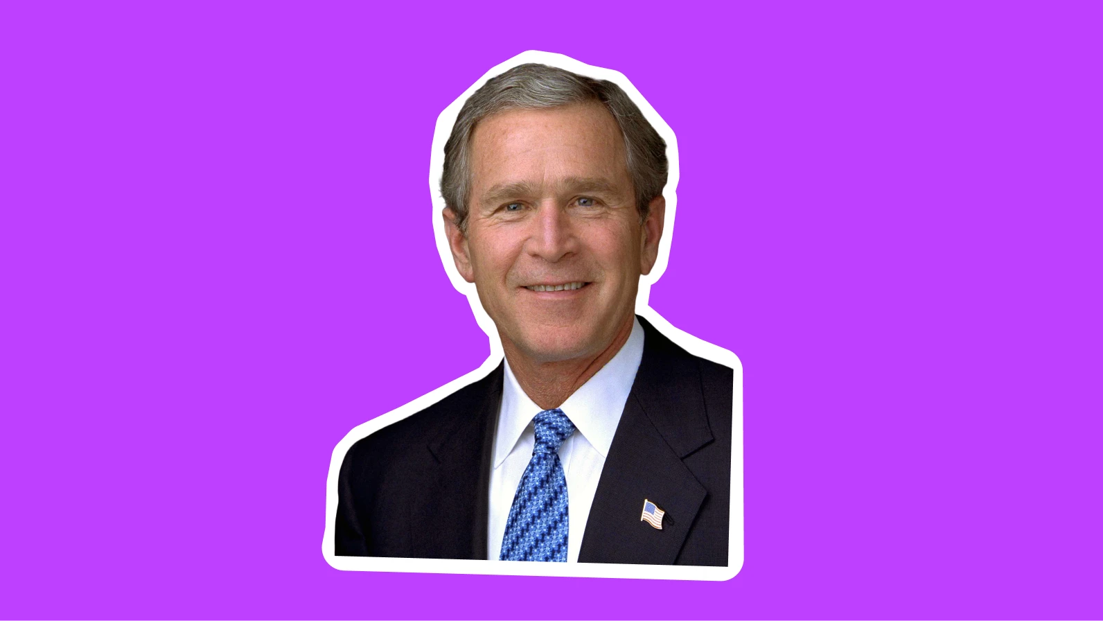 George W Bush in black suit with striped blue tie on purple background for presidential biographies collection