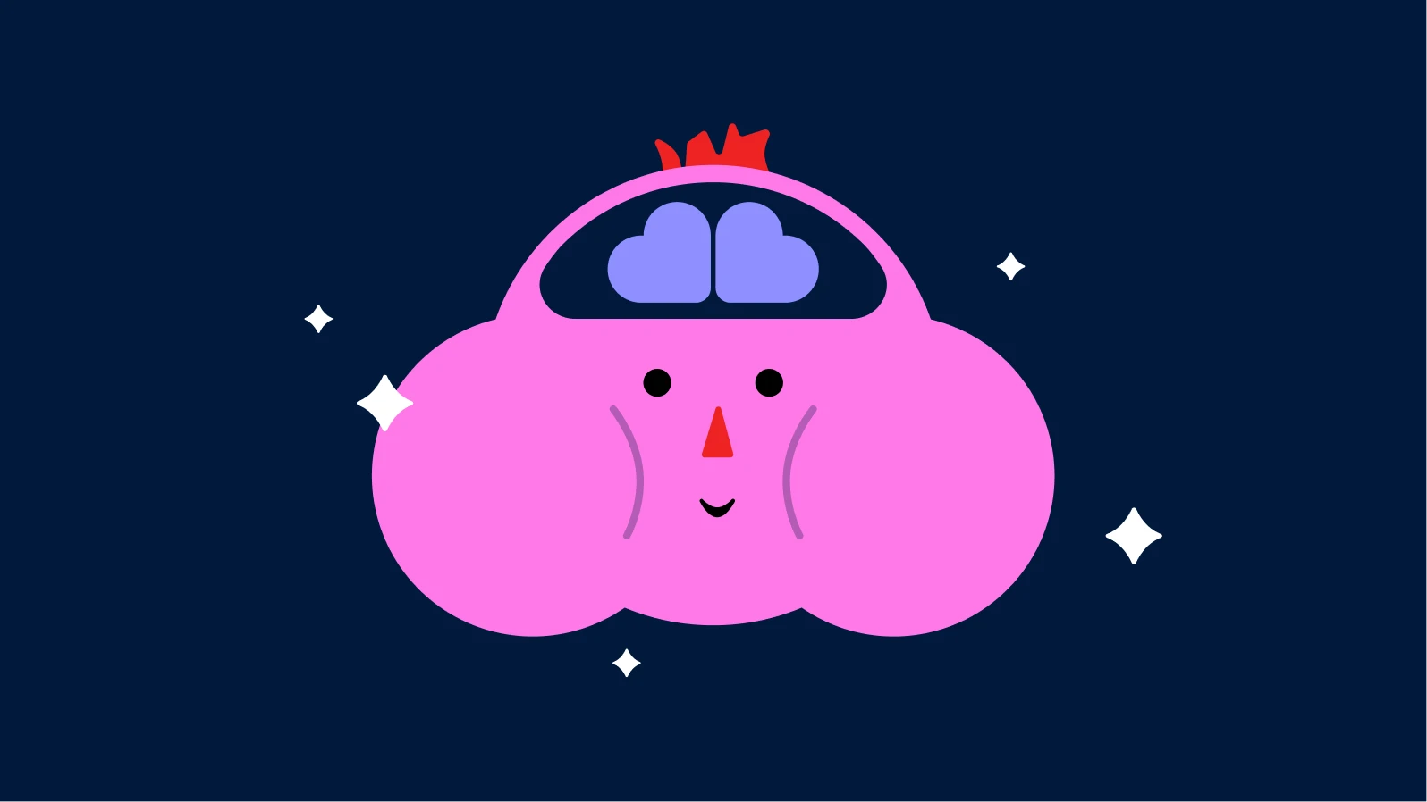 Happy pink cloud character with visible brain representing ways to improve concentration and memory on dark navy background