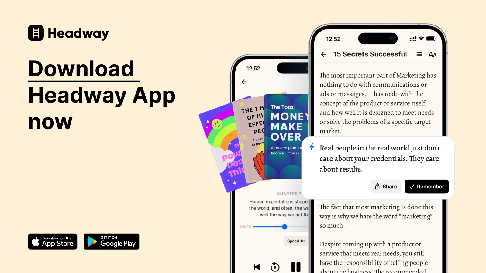 Download Headway app promotional banner with smartphone screens showing book summaries and App Store, Google Play buttons on beige background