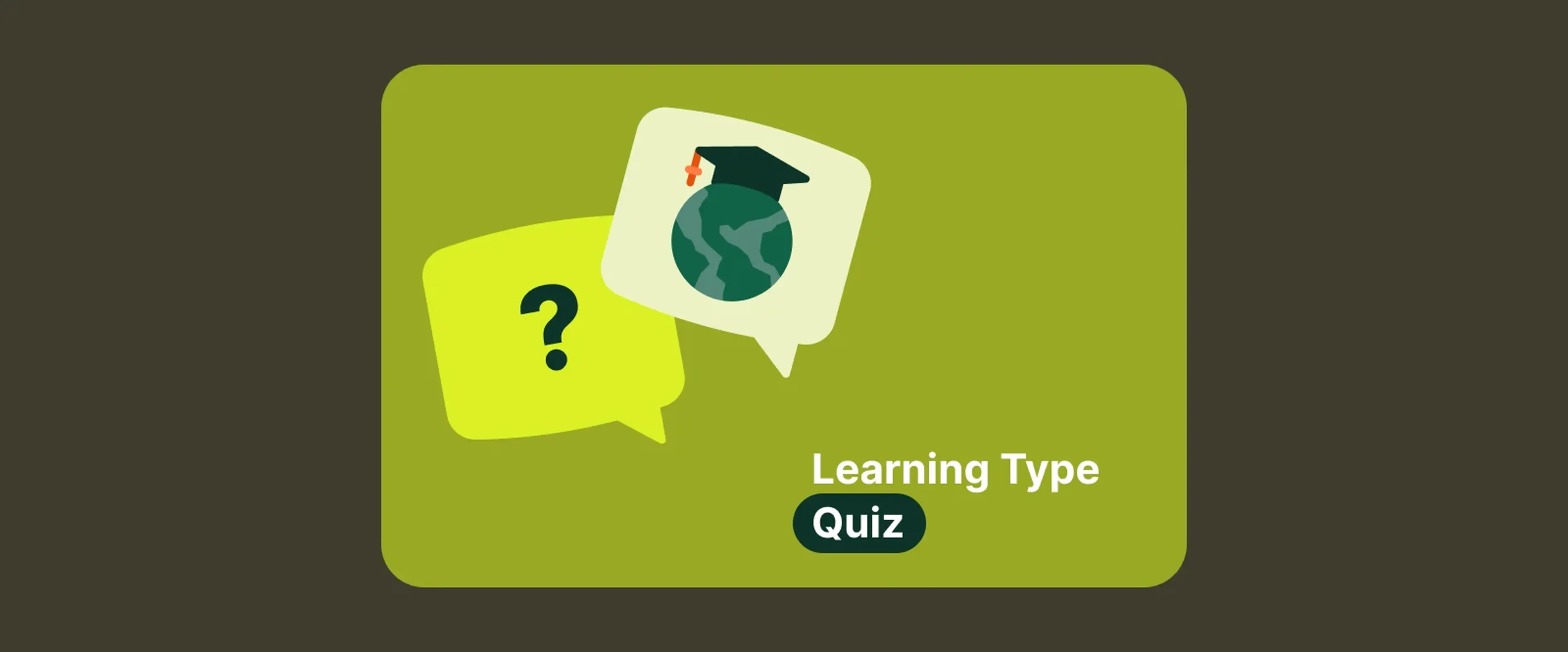 Learning style quiz with yellow question bubble and cream globe graduation cap bubble on olive green background for assessing how learners process information