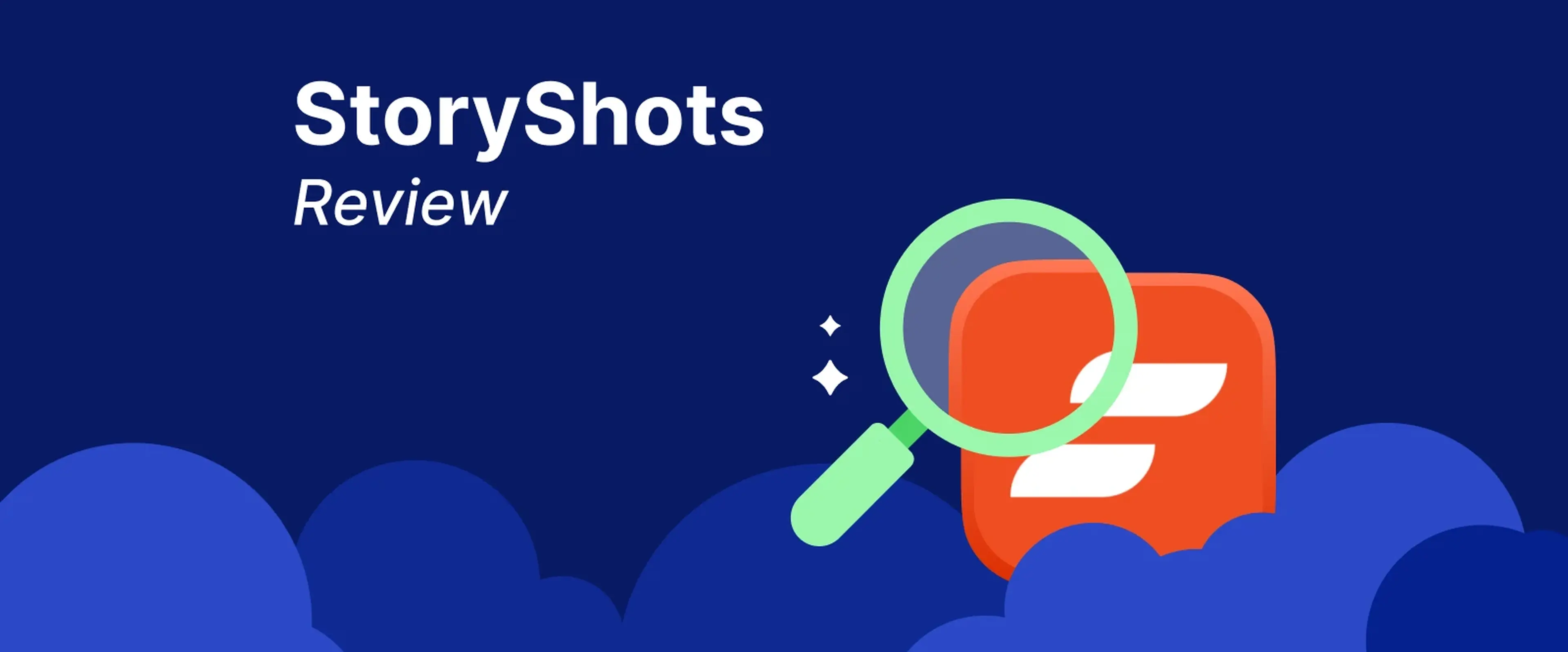StoryShots app review banner with a green magnifying glass over the orange StoryShots icon on a dark blue background with cloud shapes, promoting microlearning and self-growth