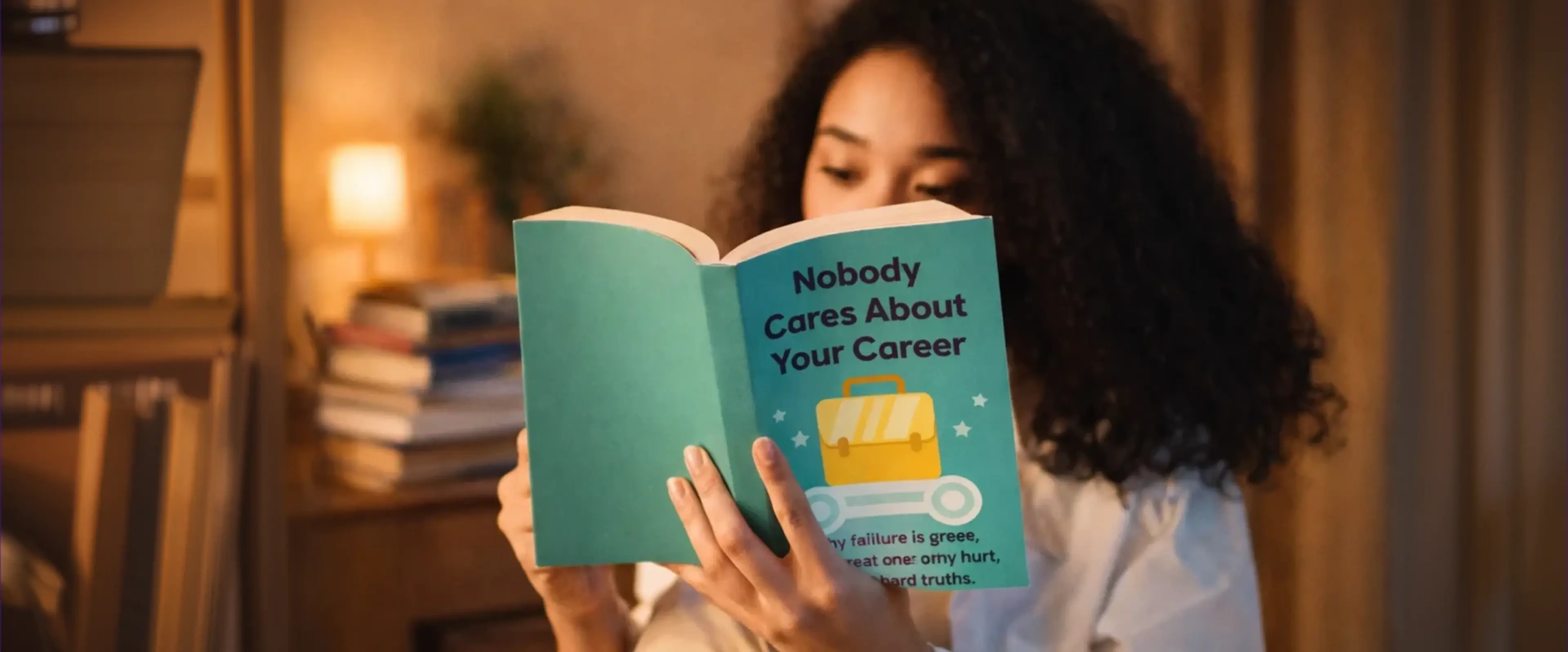 Woman reading must-read career book Nobody Cares About Your Career with teal cover in warm cozy home library setting