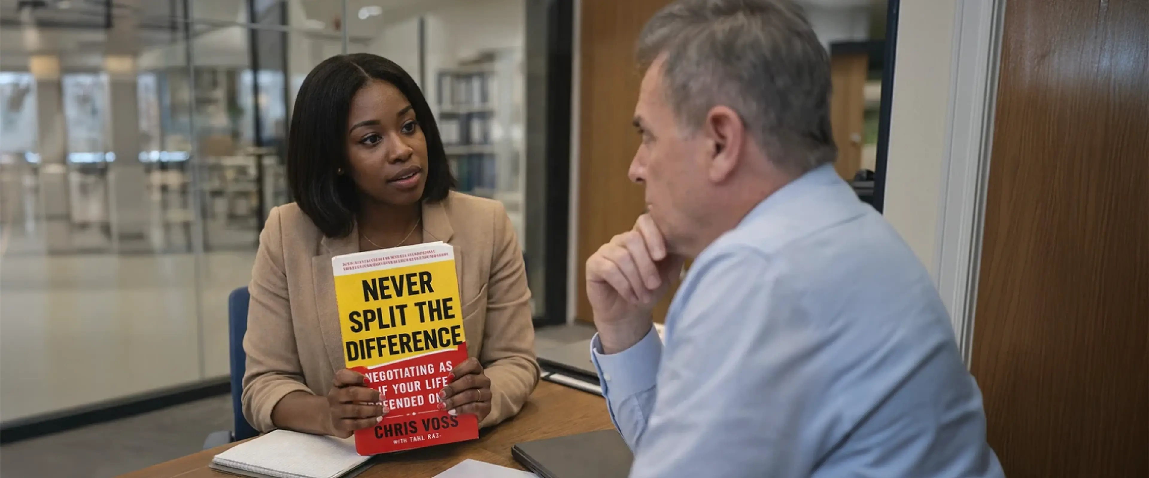 Office meeting showing woman afraid to ask for a raise holding Never Split the Difference negotiation book with manager