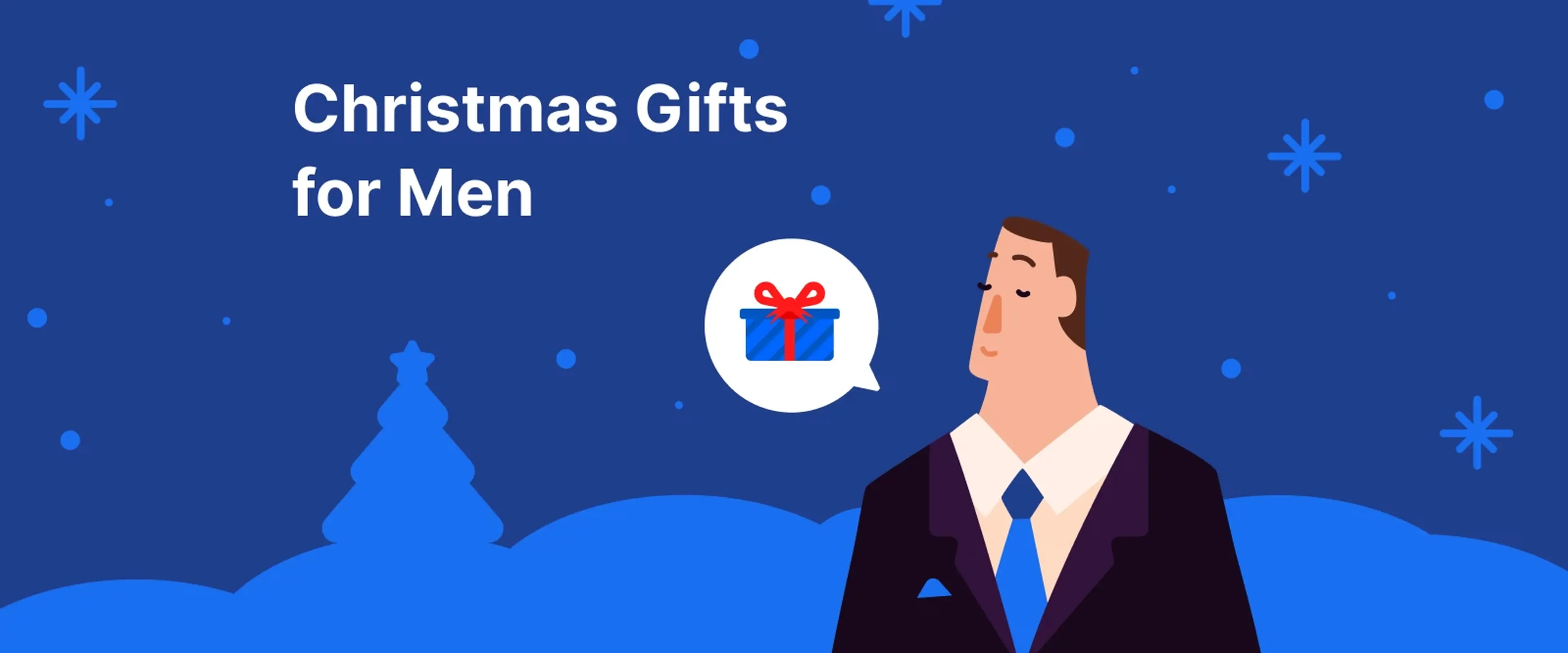 Man in navy suit smiling, Christmas gifts for men concept against blue winter scene with snow and pine trees