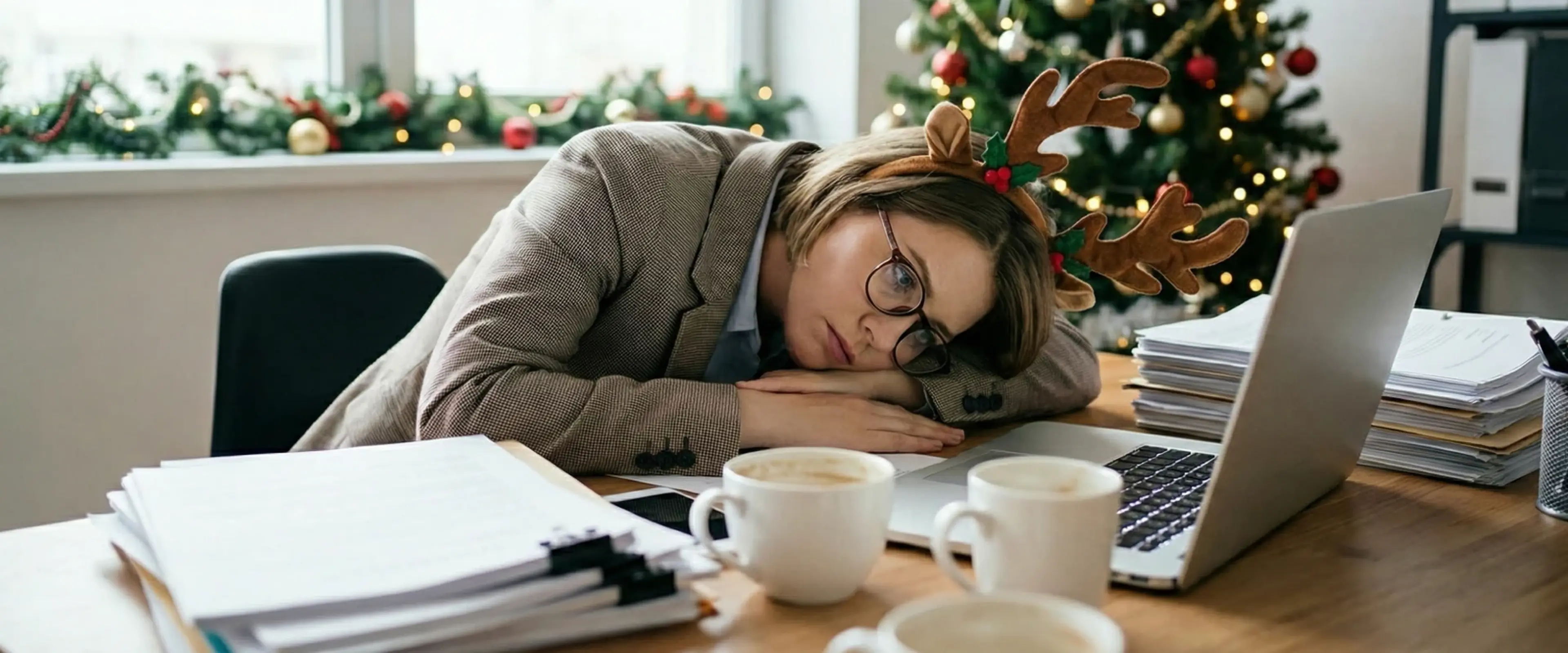 A woman in deer antler hoop lays with her head on the laptop and feeling 2025 Burnout