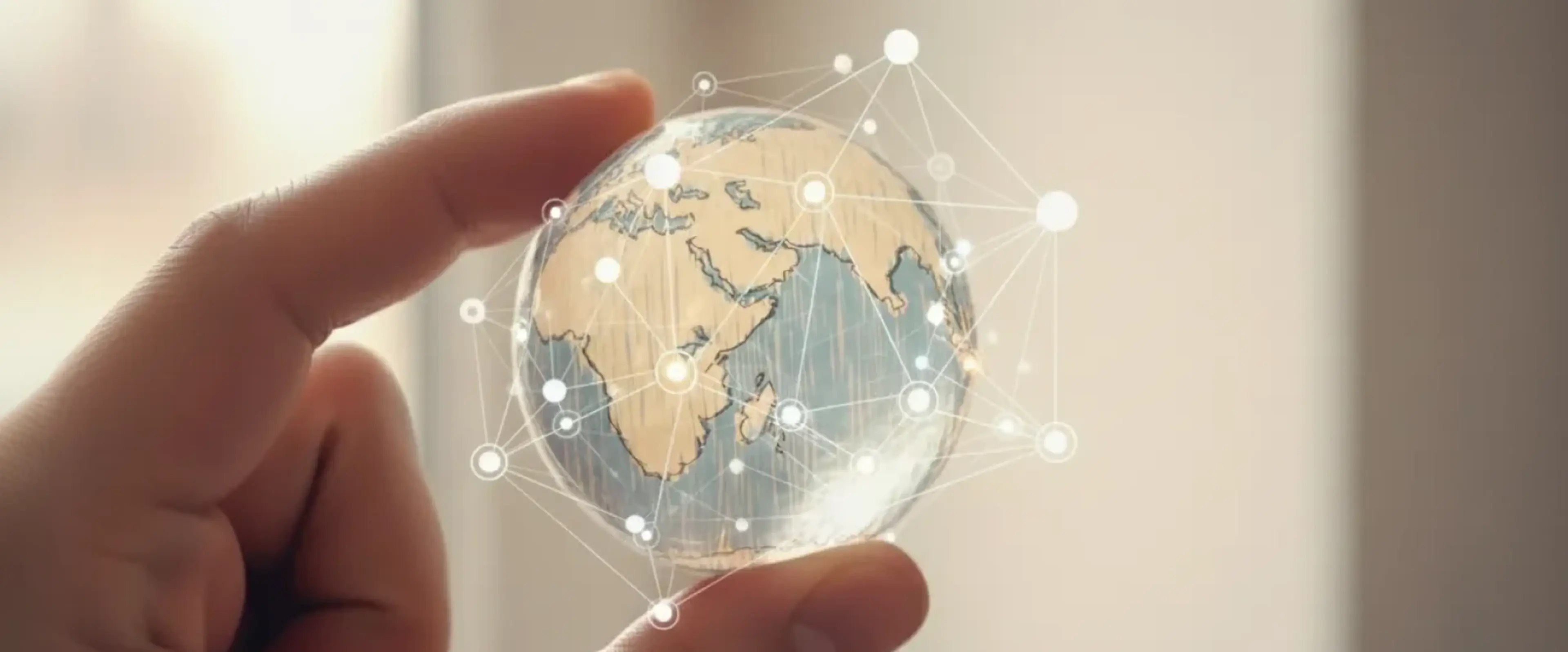 Hand holding glass sphere with Earth globe and network connections illustrating global risks that shape the future in books