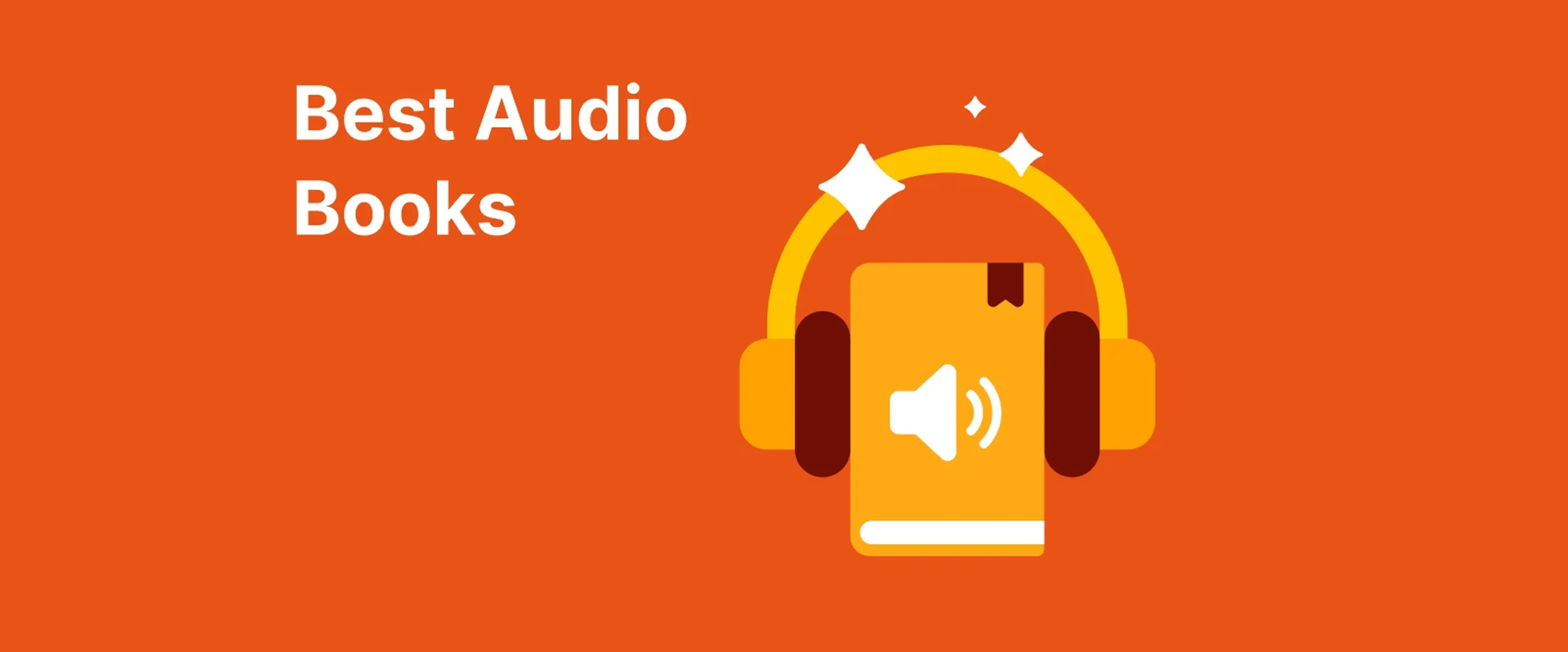 Yellow headphones icon with book and speaker on vibrant orange background for best audiobooks collection