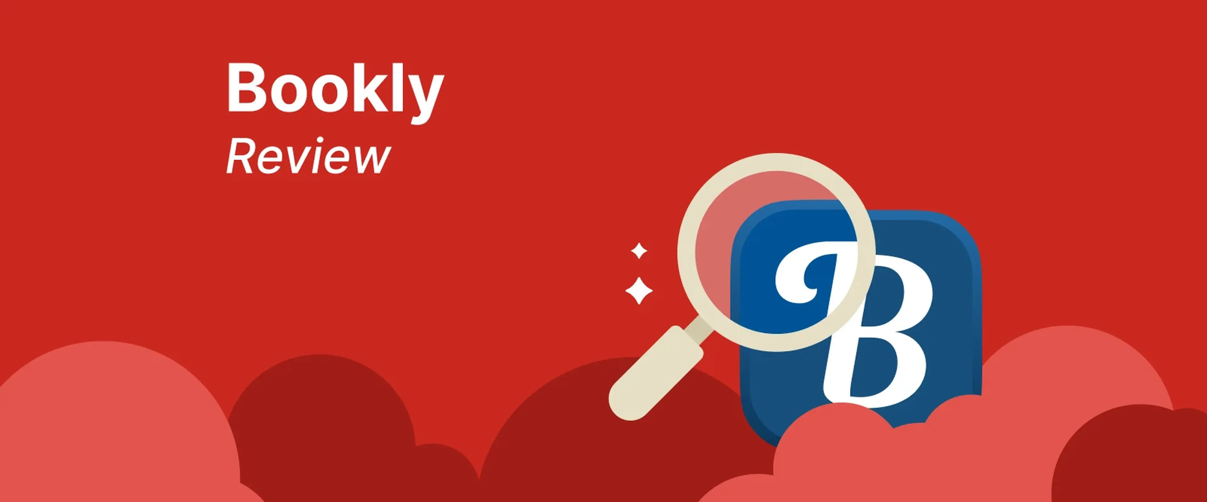 Bookly app review banner with a magnifying glass over the blue Bookly icon on a dark red background with cloud shapes, promoting microlearning and self-growth