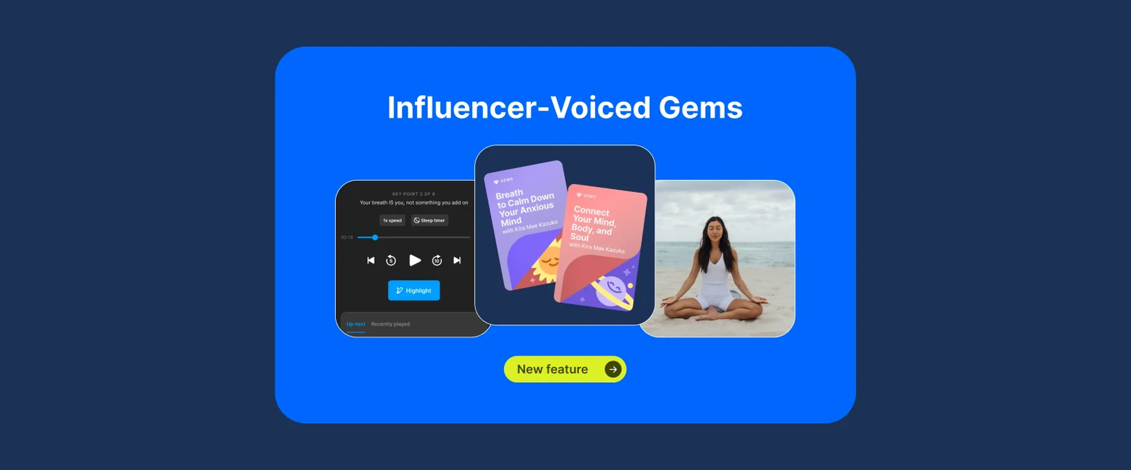 Headway app Influencer-Voiced Gems feature on vibrant blue background showing phone interface, colorful content cards, and woman meditating on beach