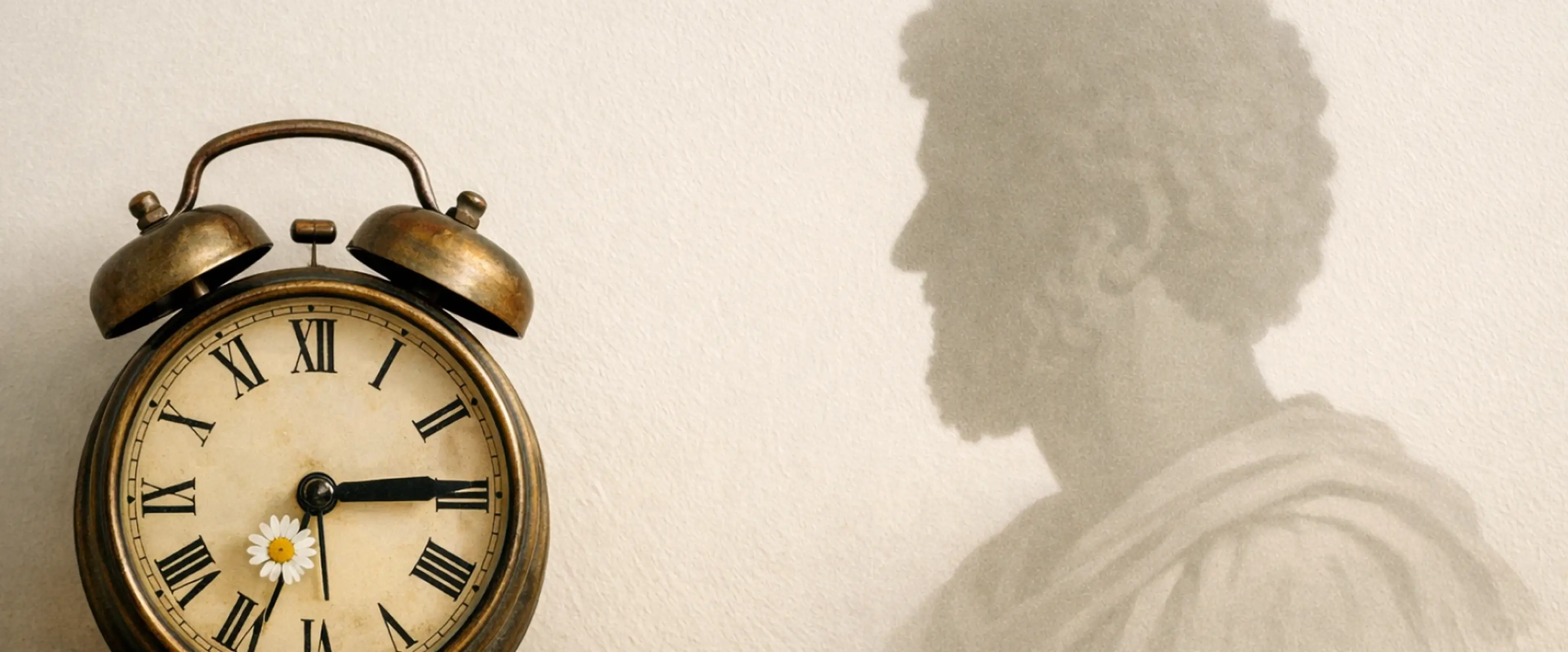 Vintage brass alarm clock with Roman numerals and a small daisy on a wooden shelf, with white spring flowers nearby and a faded shadow of a Marcus Aurelius bust on the wall behind