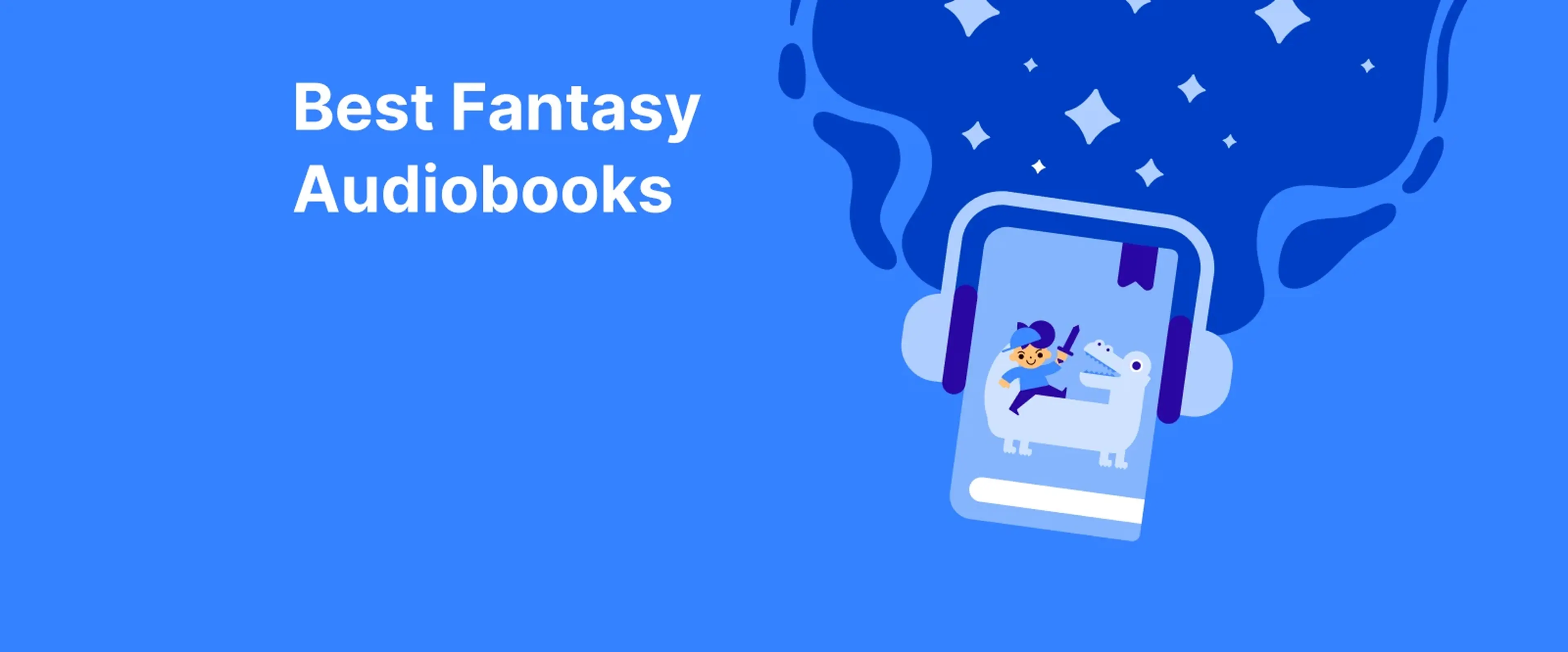 Smartphone with headphones and reader illustration on bright blue background promoting best fantasy audiobooks