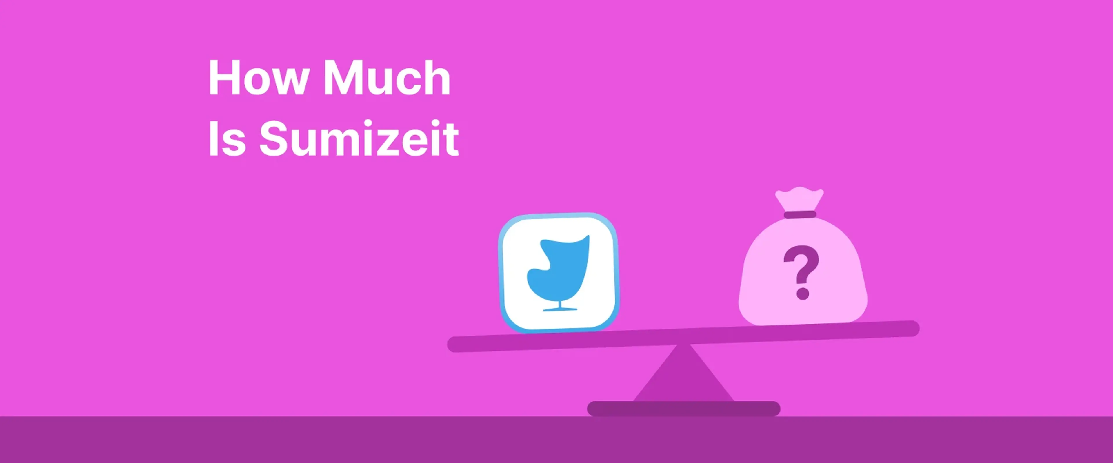 Pink background with a balance scale illustration showing the Sumizeit bird logo on one side and a question mark money bag on the other, representing Sumizeit microlearning app pricing