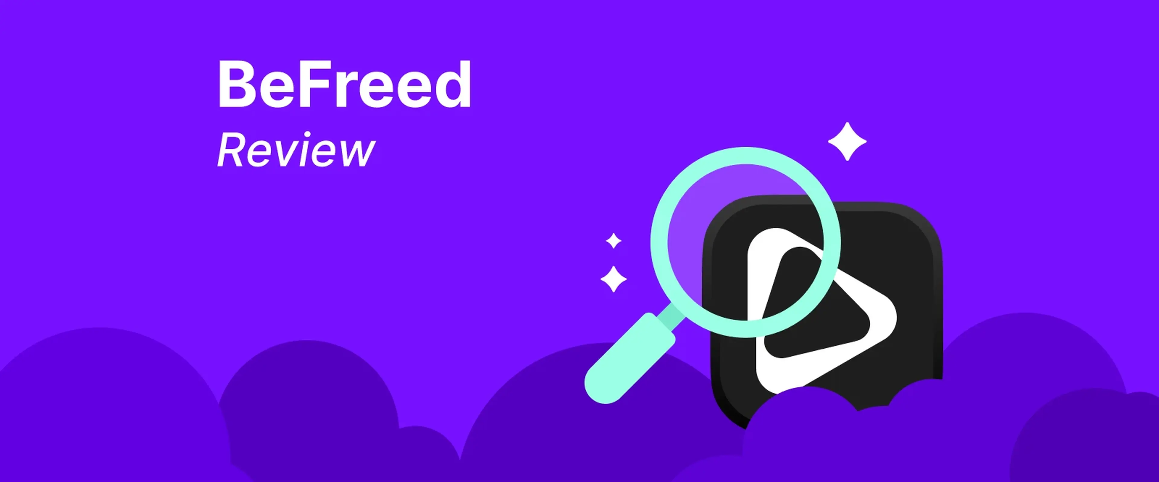 BeFreed review header with magnifying glass icon examining MasterClass logo on vibrant purple background with decorative circles