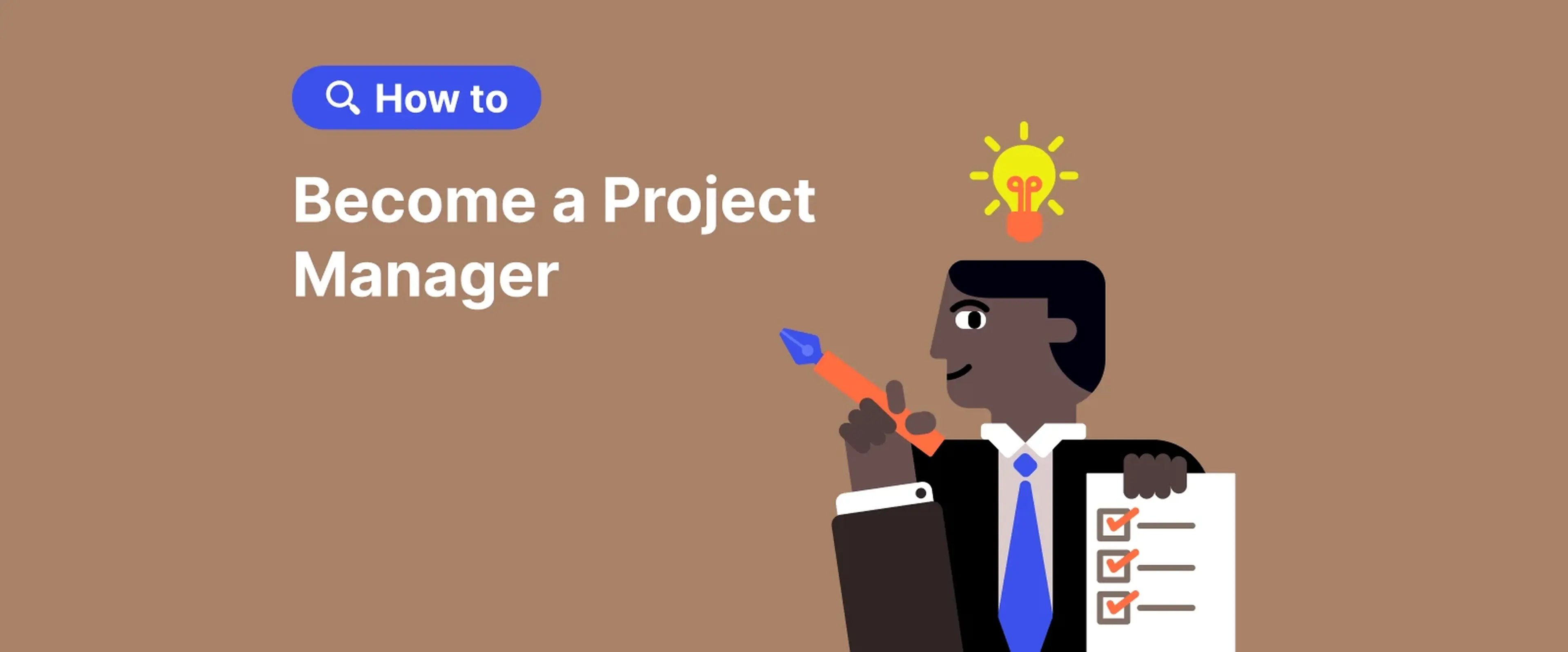 Illustrated Project Manager holding clipboard with lightbulb idea icon on brown background