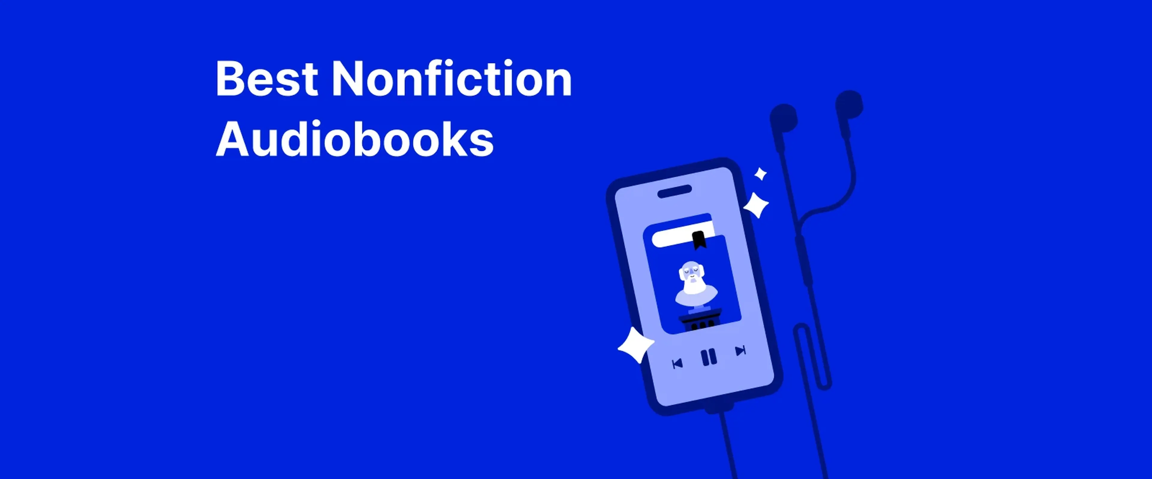 Red audiobook with play button icon on vibrant blue background featuring best nonfiction audiobooks with headphones and decorative sparkles